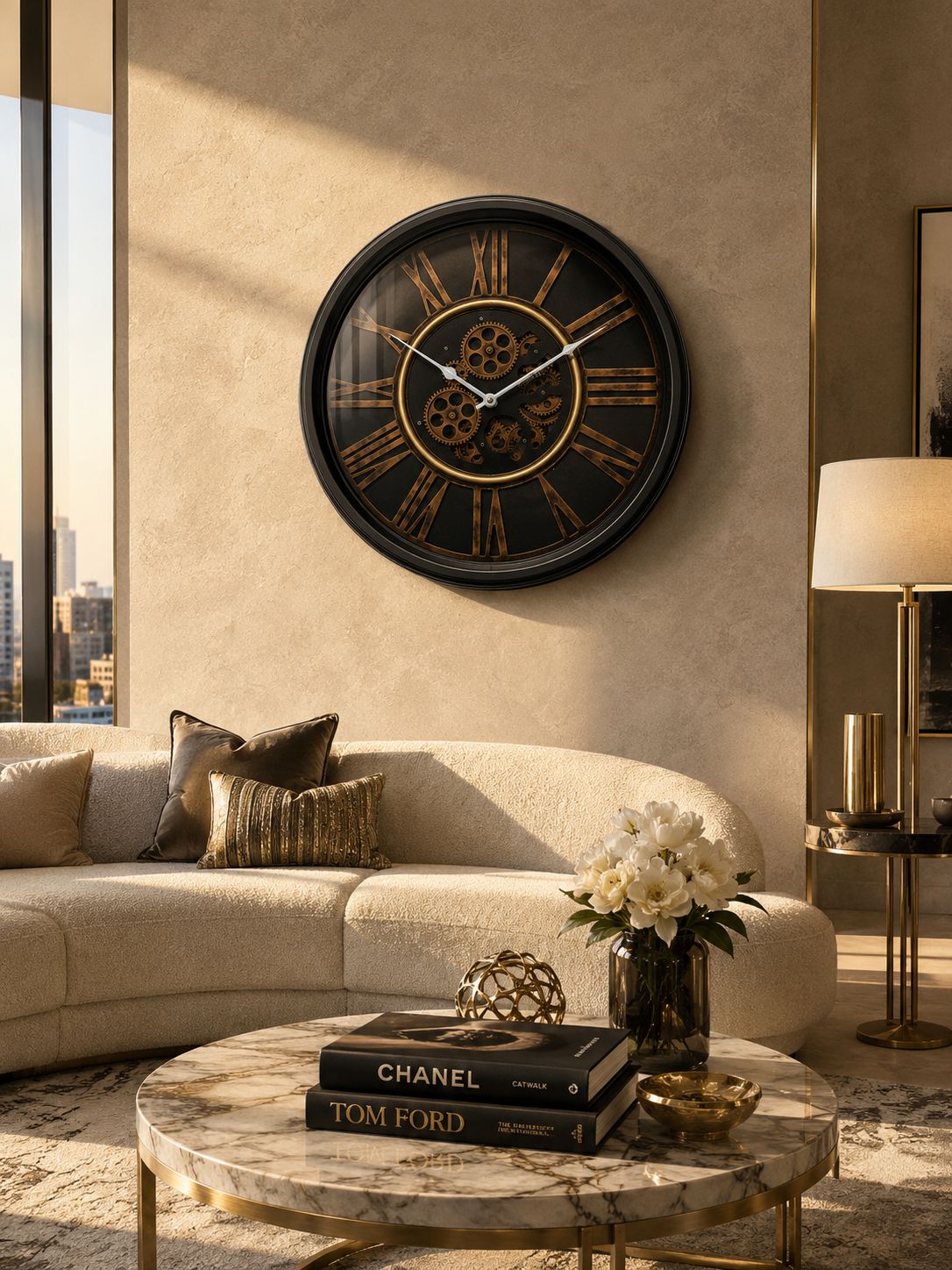 Modern Luxury Living Room Featuring Designer Black Gold Wall Clock
