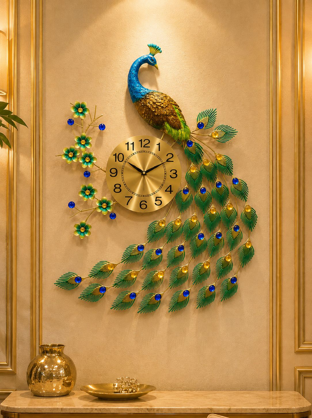 Modern ceramic peacock wall clock displayed on luxury cream wall with gold moulding