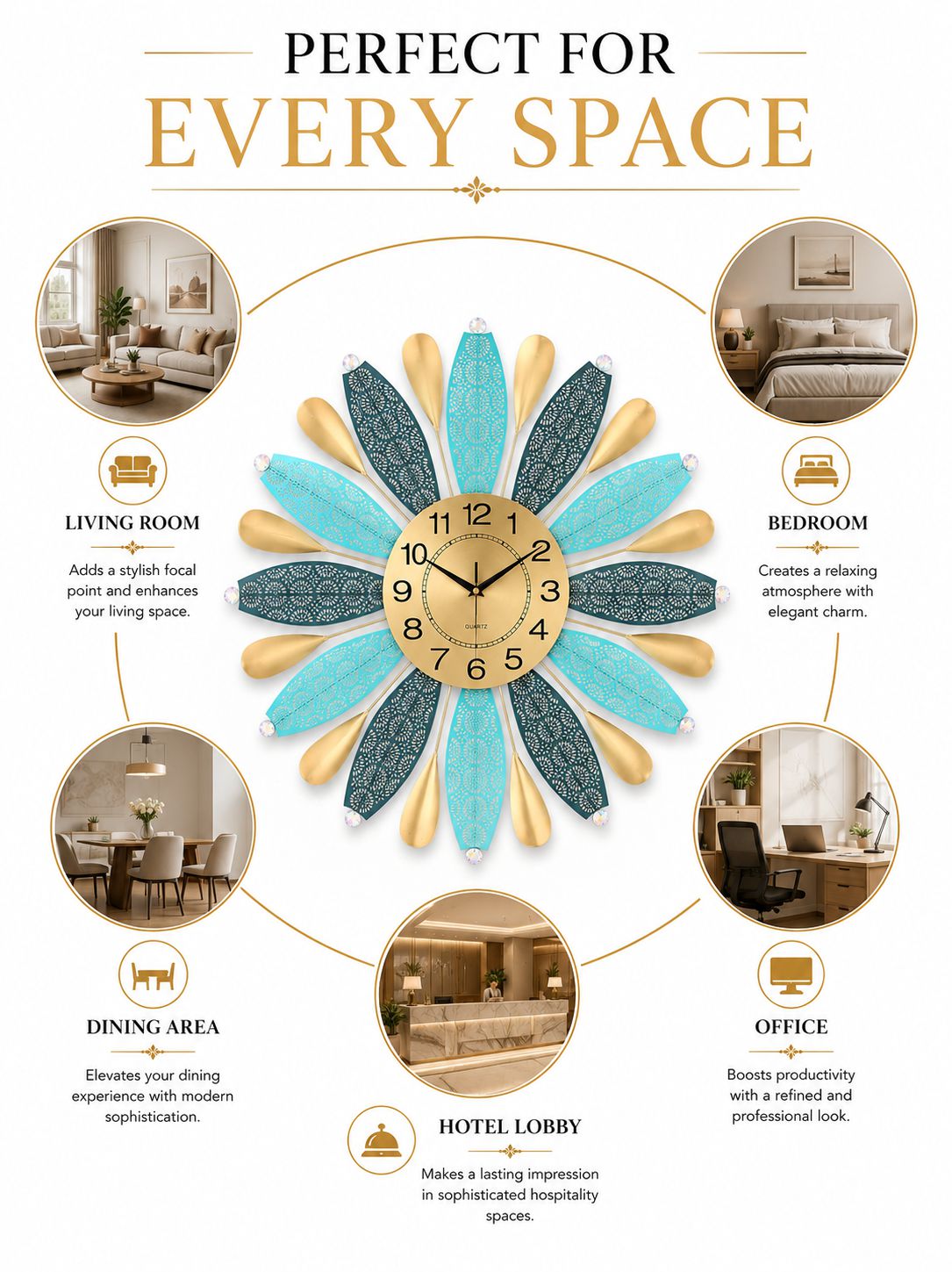 Modern decorative wall clock suitable for living room, bedroom, dining room, office and hotel interiors