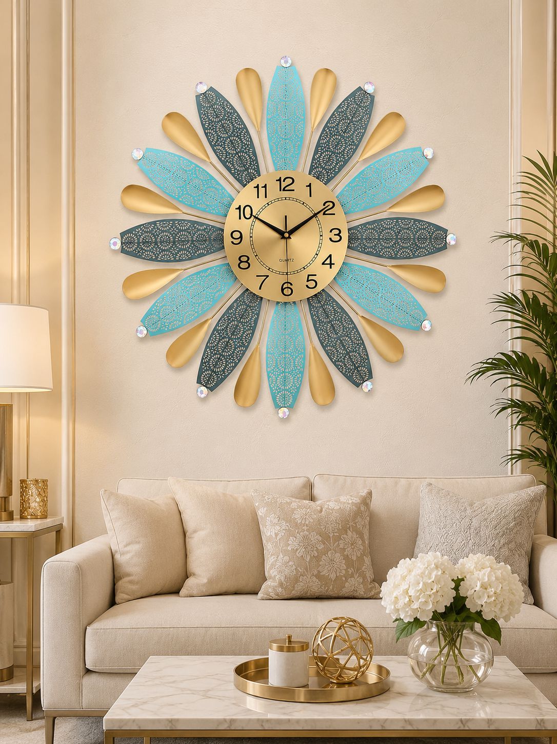 Modern floral metal wall clock displayed above luxury sofa in elegant living room