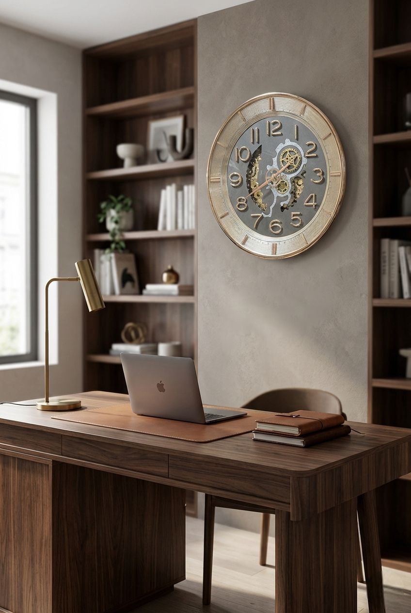 Modern home office with wooden desk, laptop, and decorative clock on wall.