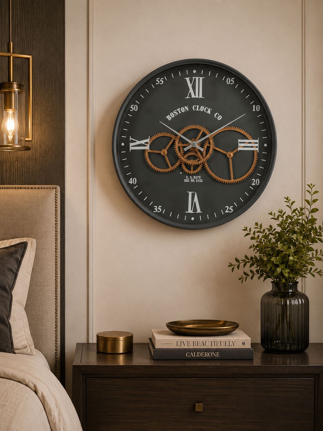 Modern industrial wall clock styling for contemporary bedroom décor