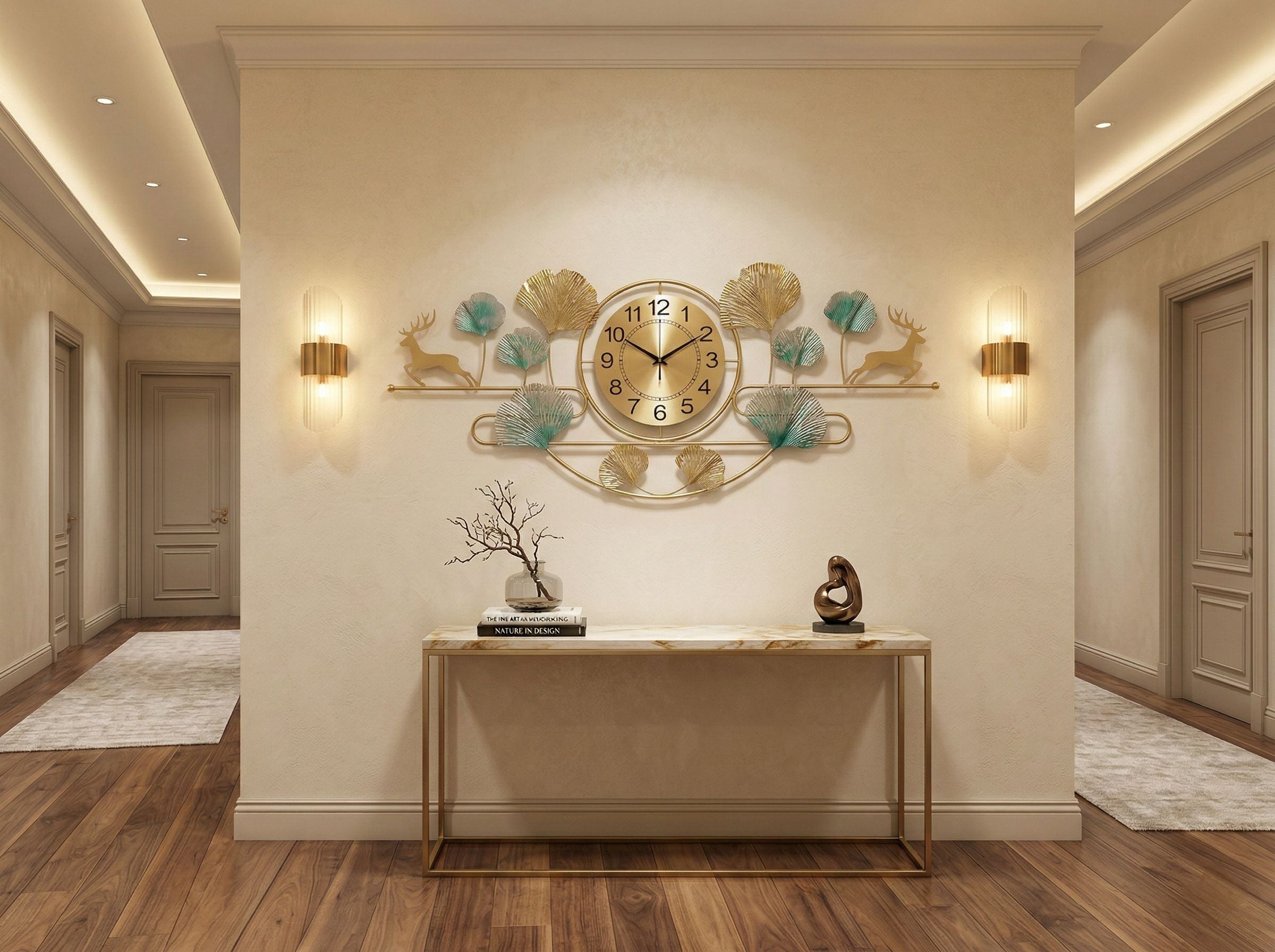Modern luxury wall clock with gold frame, verdigris leaves and easy-to-read analog dial