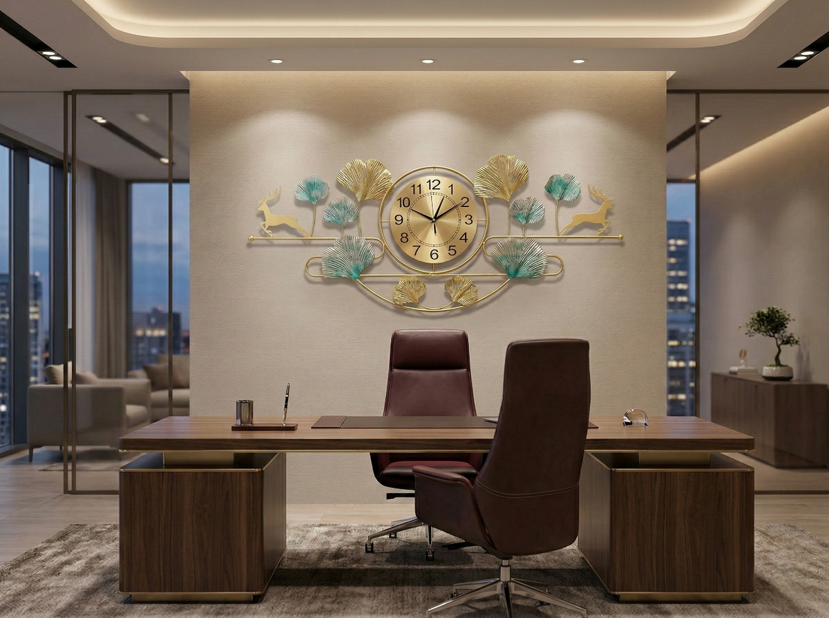 Modern office interior with a large desk, chair, and decorative wall clock.