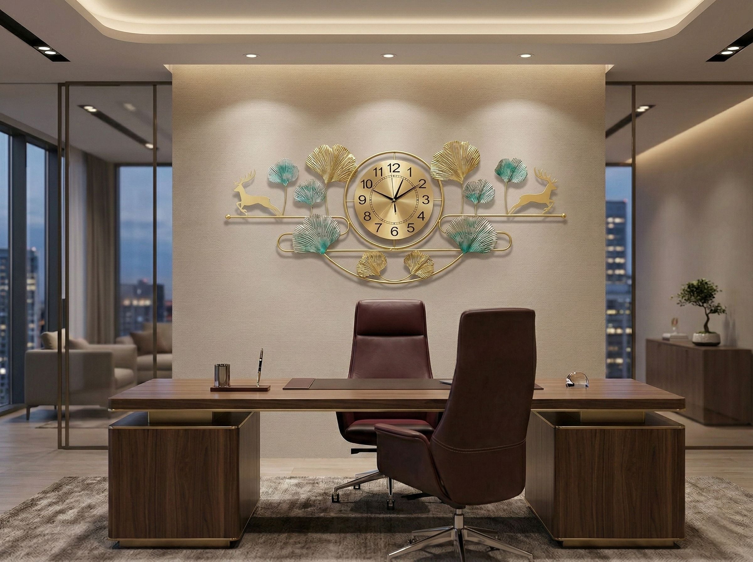Modern office interior with a large desk, chair, and decorative wall clock.