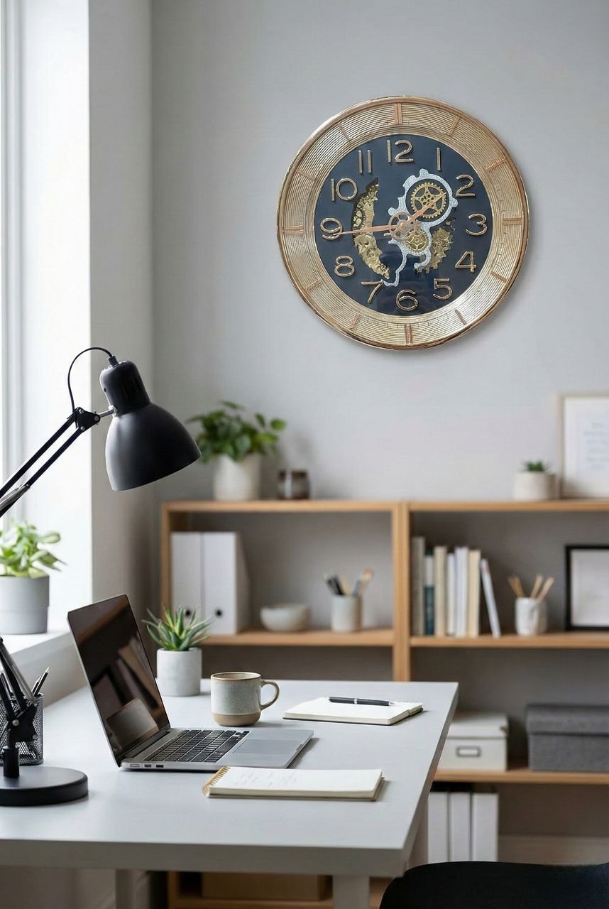 Modern office setup with a clock on the wall, desk, and shelves.