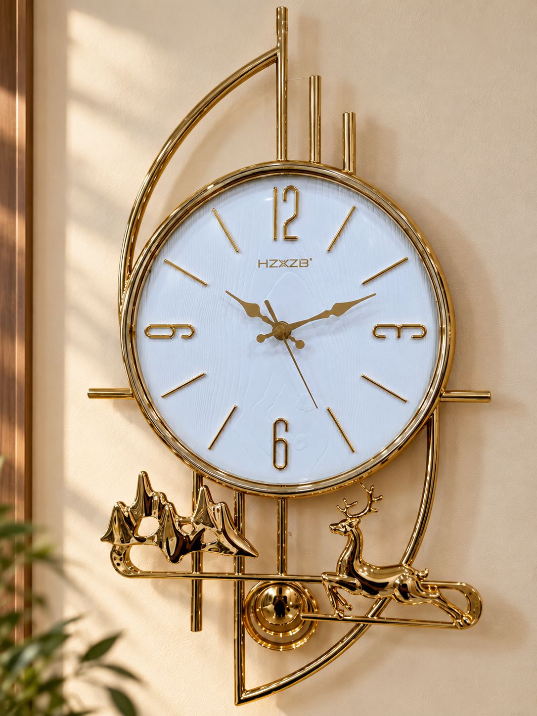 FunkyTradition Gold Reindeer & Mountain Pendulum Wall Clock – Luxury Designer Wall Clock with Glass Dial