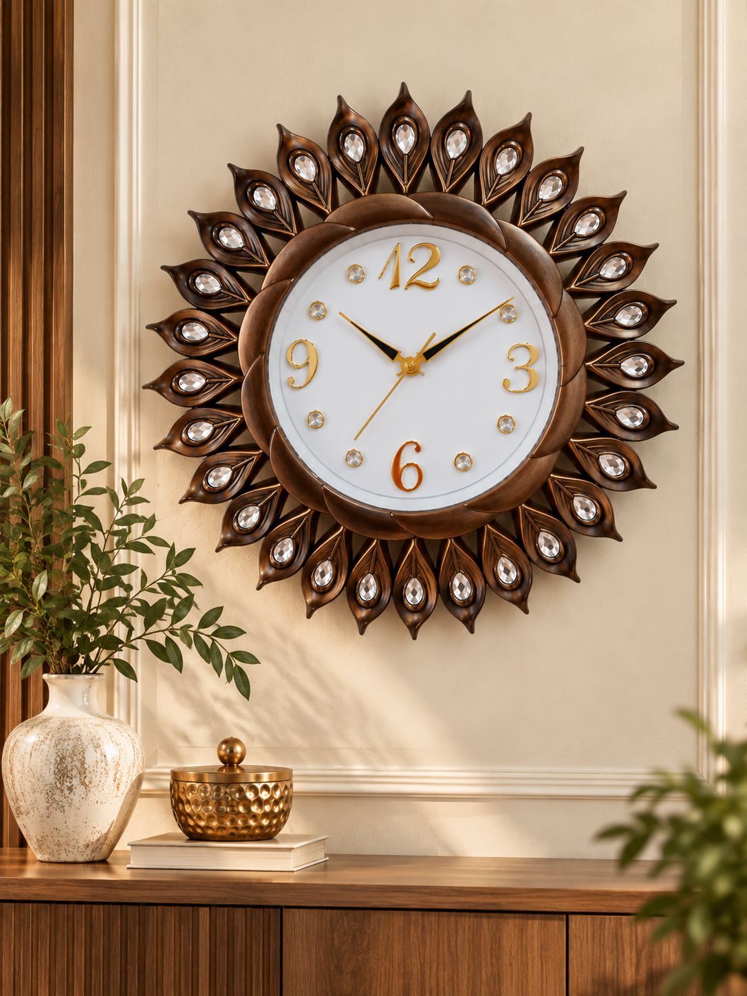FunkyTradition Sun-Shaped Designer Wall Clock – Gold Decorative Clock with Crystal Details | Black, Golden, Rose Golden & Brown