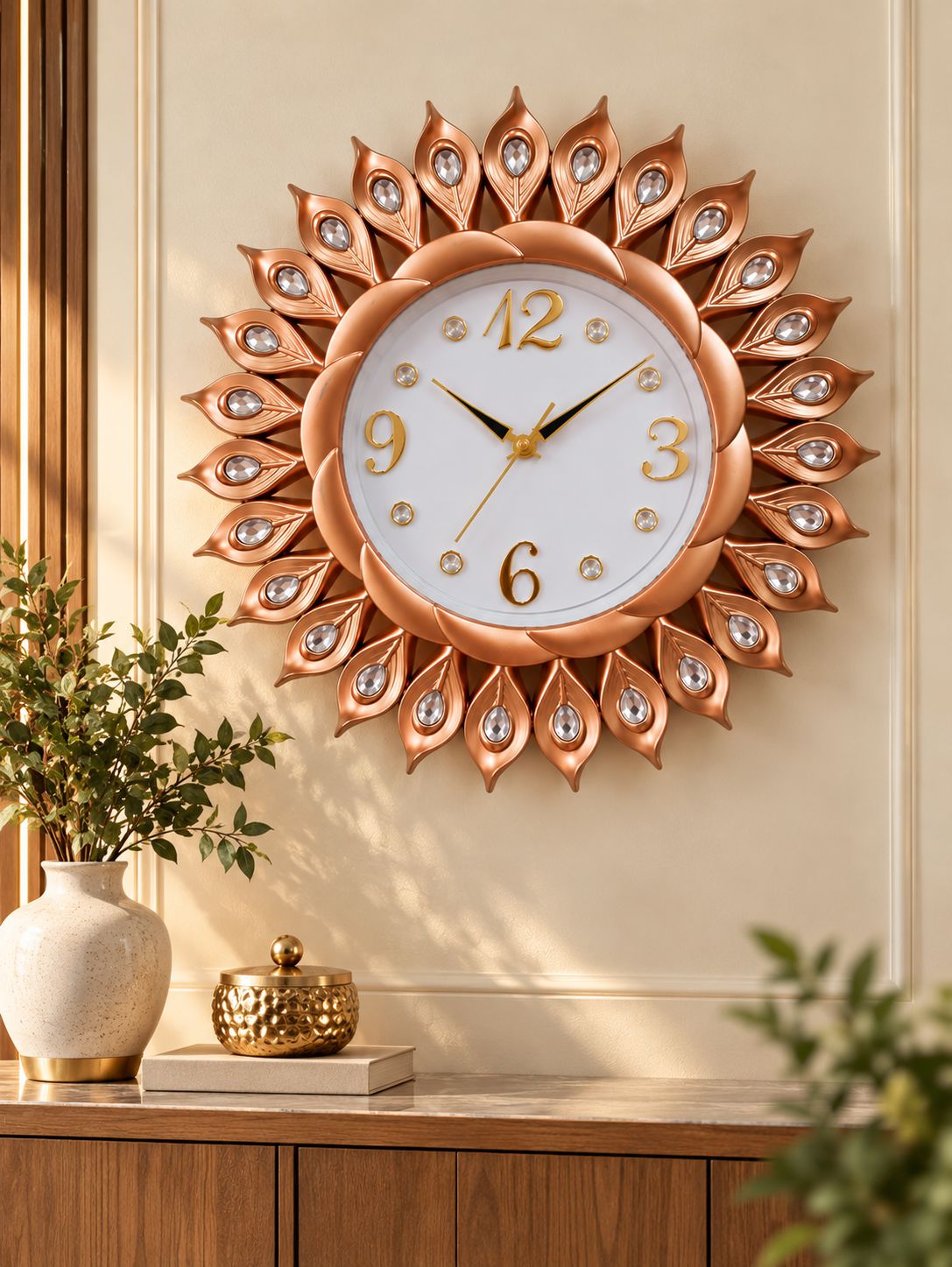FunkyTradition Sun-Shaped Designer Wall Clock – Gold Decorative Clock with Crystal Details | Black, Golden, Rose Golden & Brown