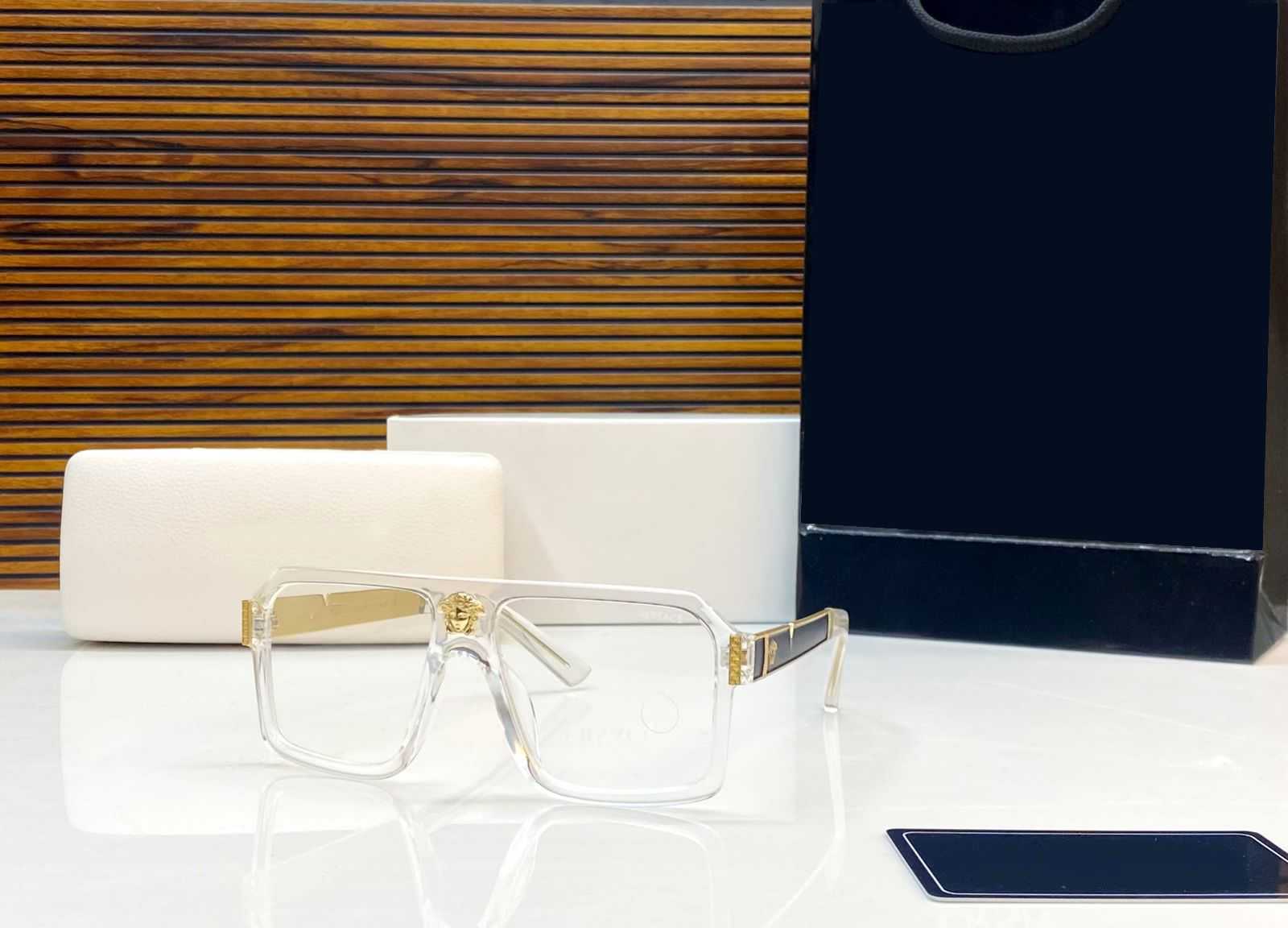 Oversized Clear Frame Square Glasses with Iconic Gold Emblem