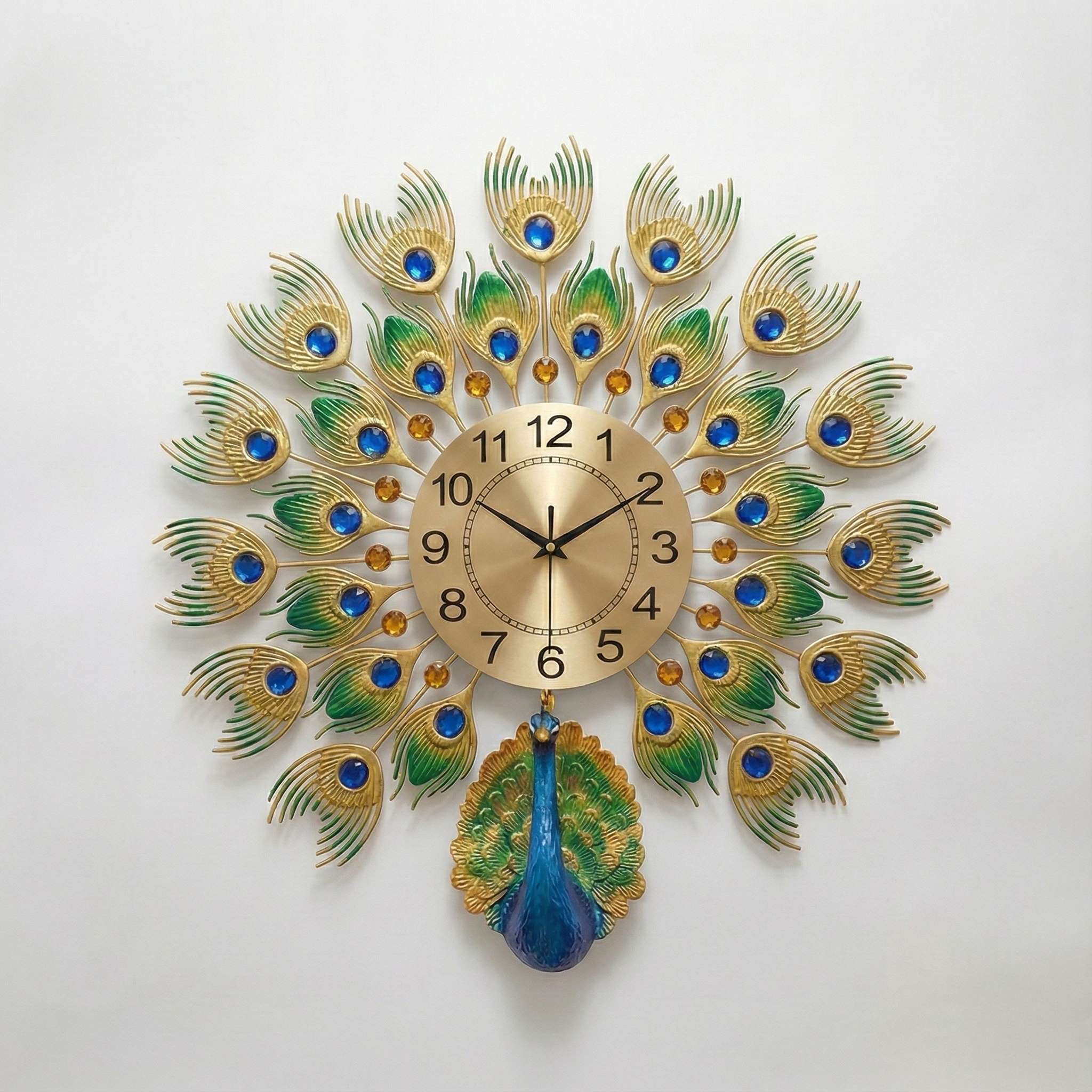 Luxurious Large Peacock Wall Clock - Gold & Blue Jeweled Metal Art Decor (55cm)