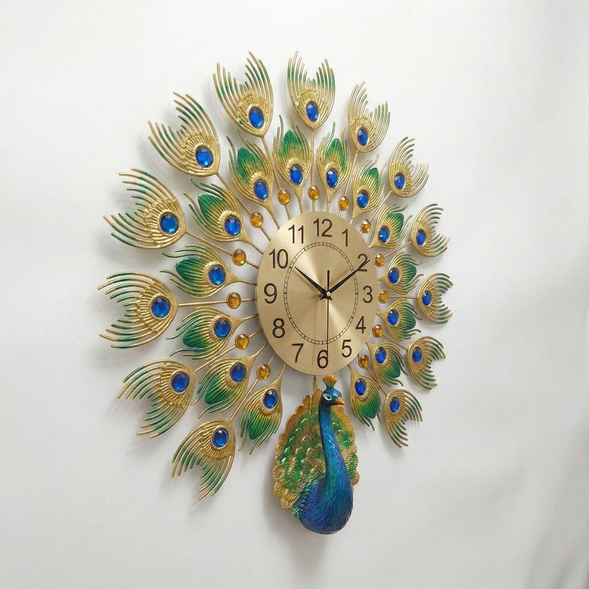 Luxurious Large Peacock Wall Clock - Gold & Blue Jeweled Metal Art Decor (55cm)