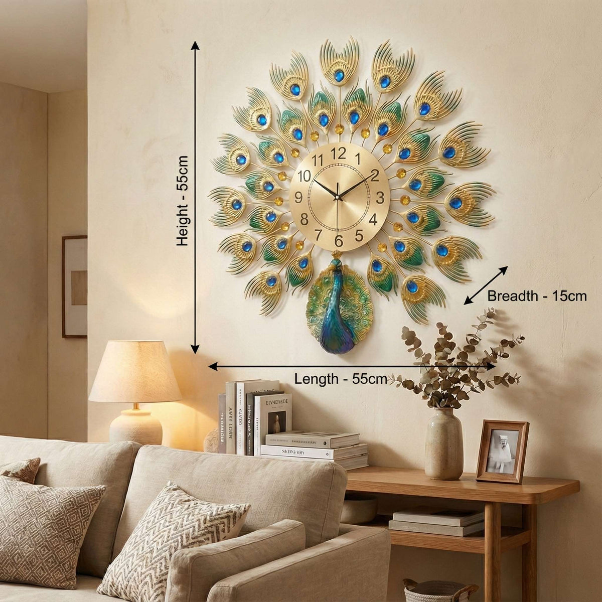 Luxurious Large Peacock Wall Clock - Gold & Blue Jeweled Metal Art Decor (55cm)