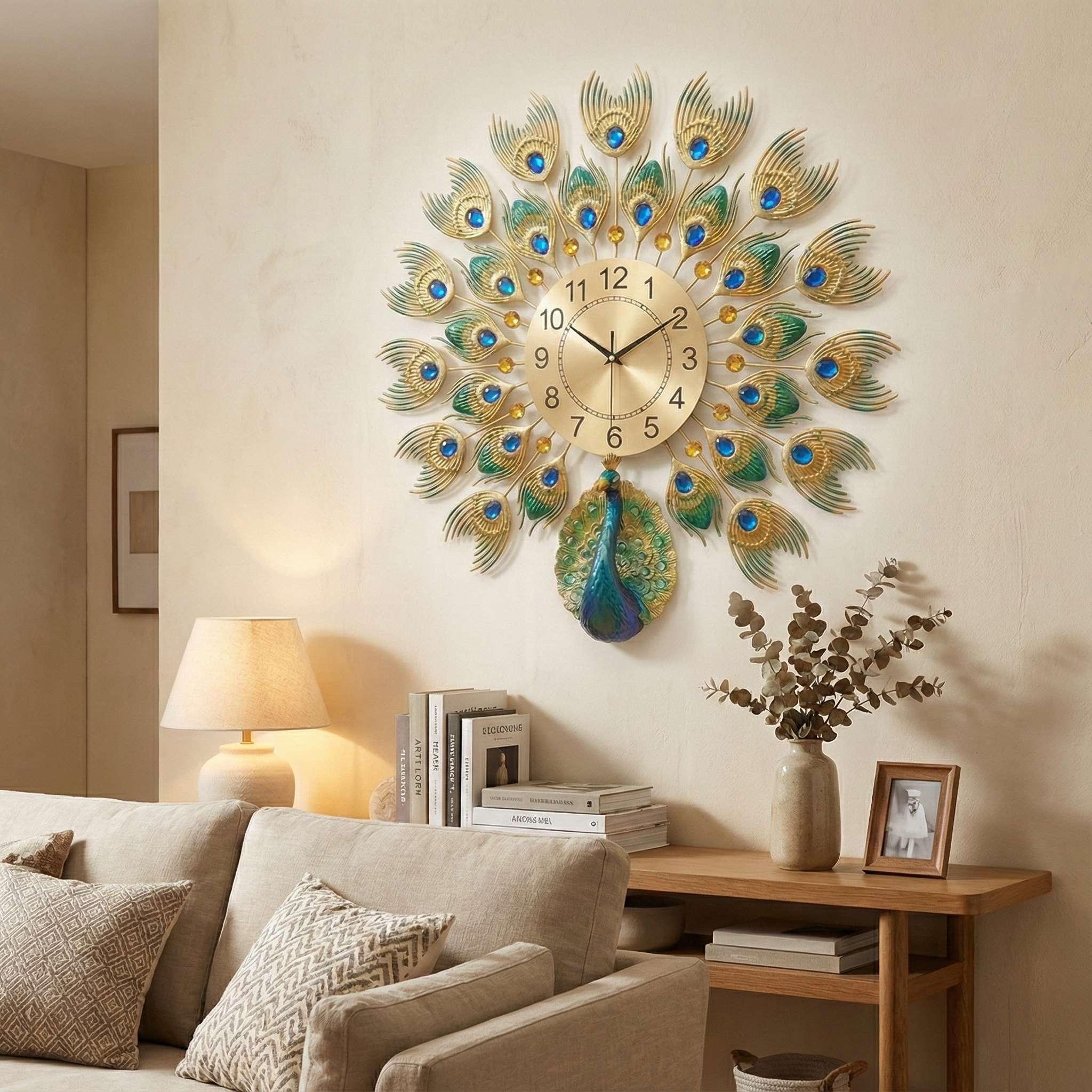 Luxurious Large Peacock Wall Clock - Gold & Blue Jeweled Metal Art Decor (55cm)