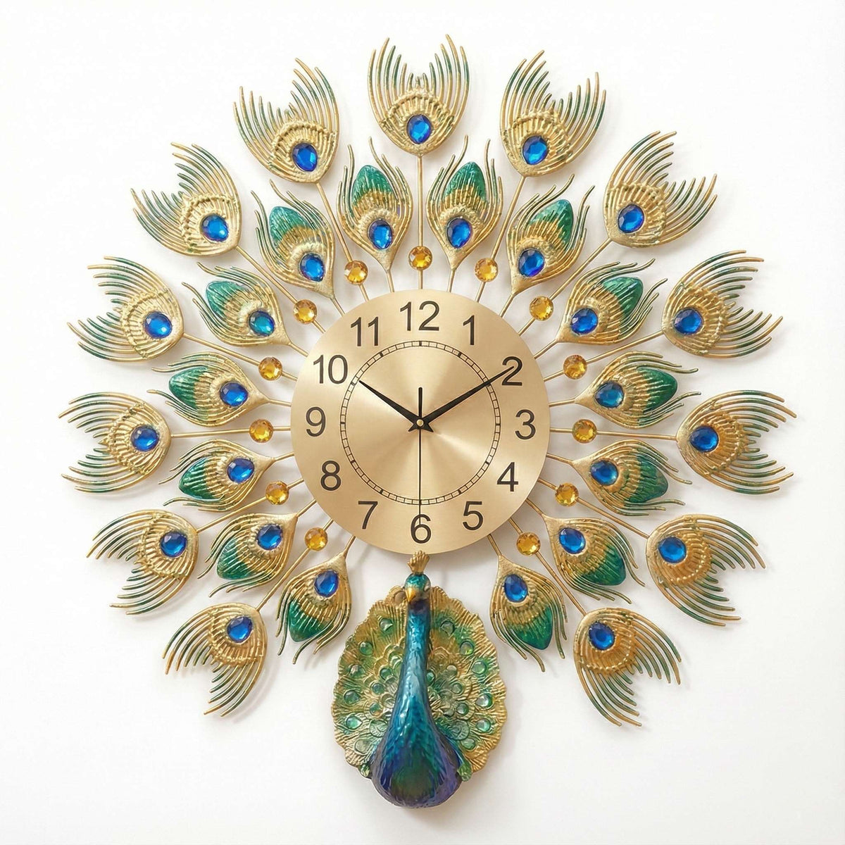 Luxurious Large Peacock Wall Clock - Gold & Blue Jeweled Metal Art Decor (55cm)