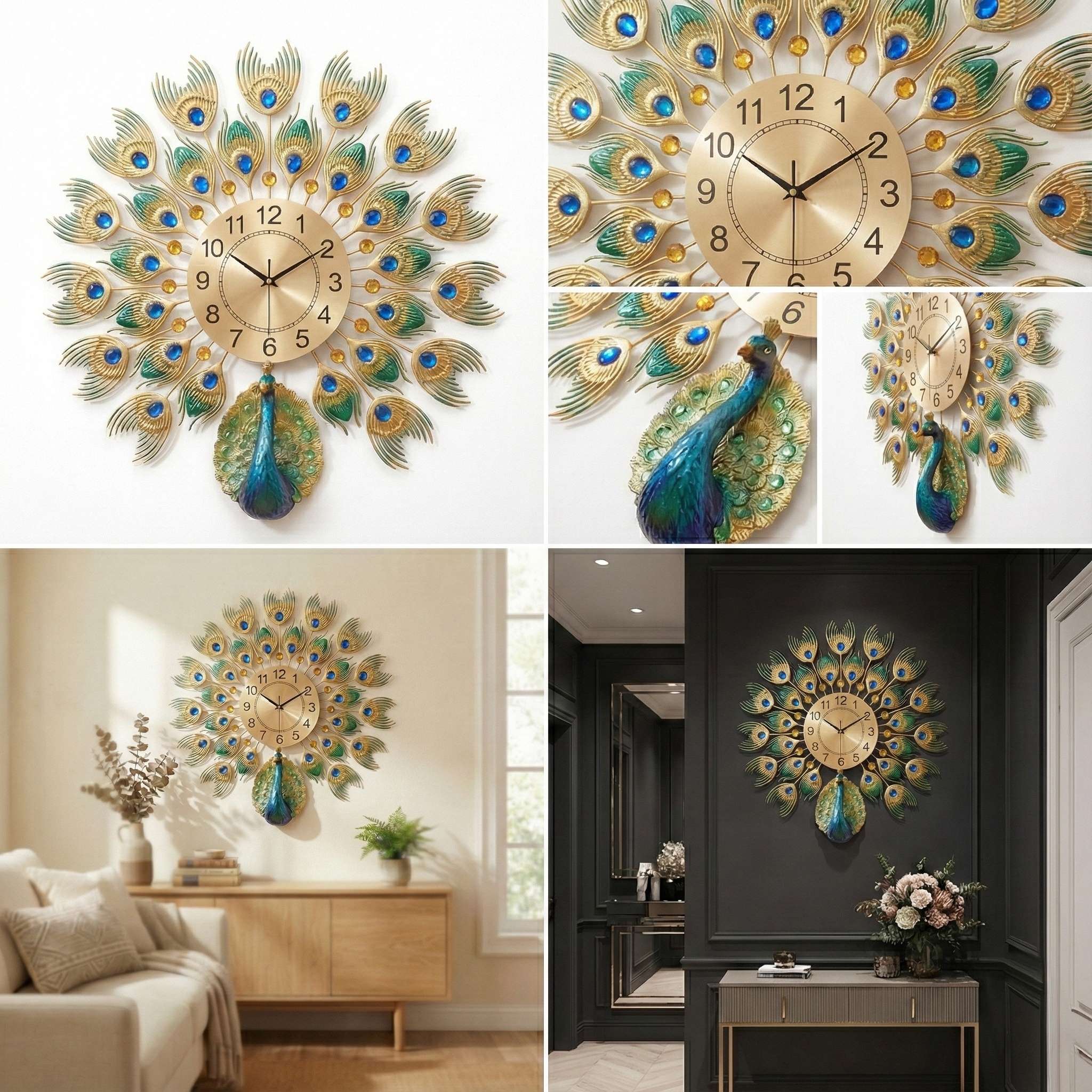 Luxurious Large Peacock Wall Clock - Gold & Blue Jeweled Metal Art Decor (55cm)