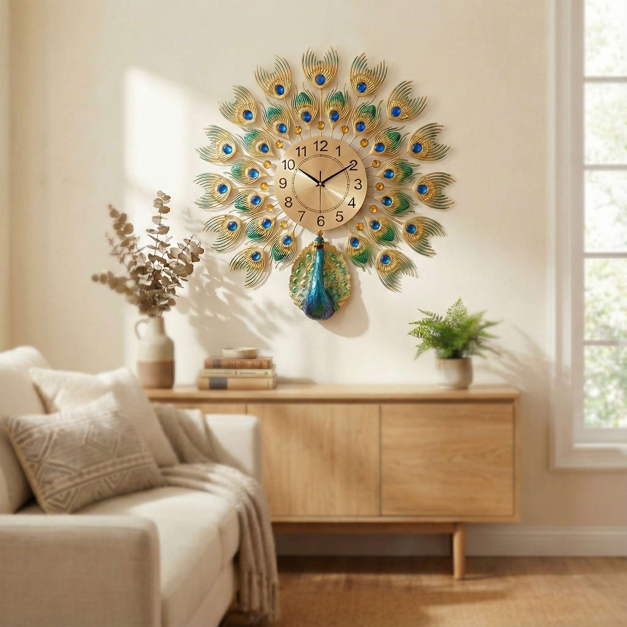 Luxurious Large Peacock Wall Clock - Gold & Blue Jeweled Metal Art Decor (55cm)