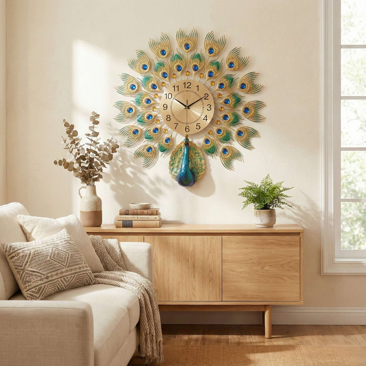 Luxurious Large Peacock Wall Clock - Gold & Blue Jeweled Metal Art Decor (55cm)