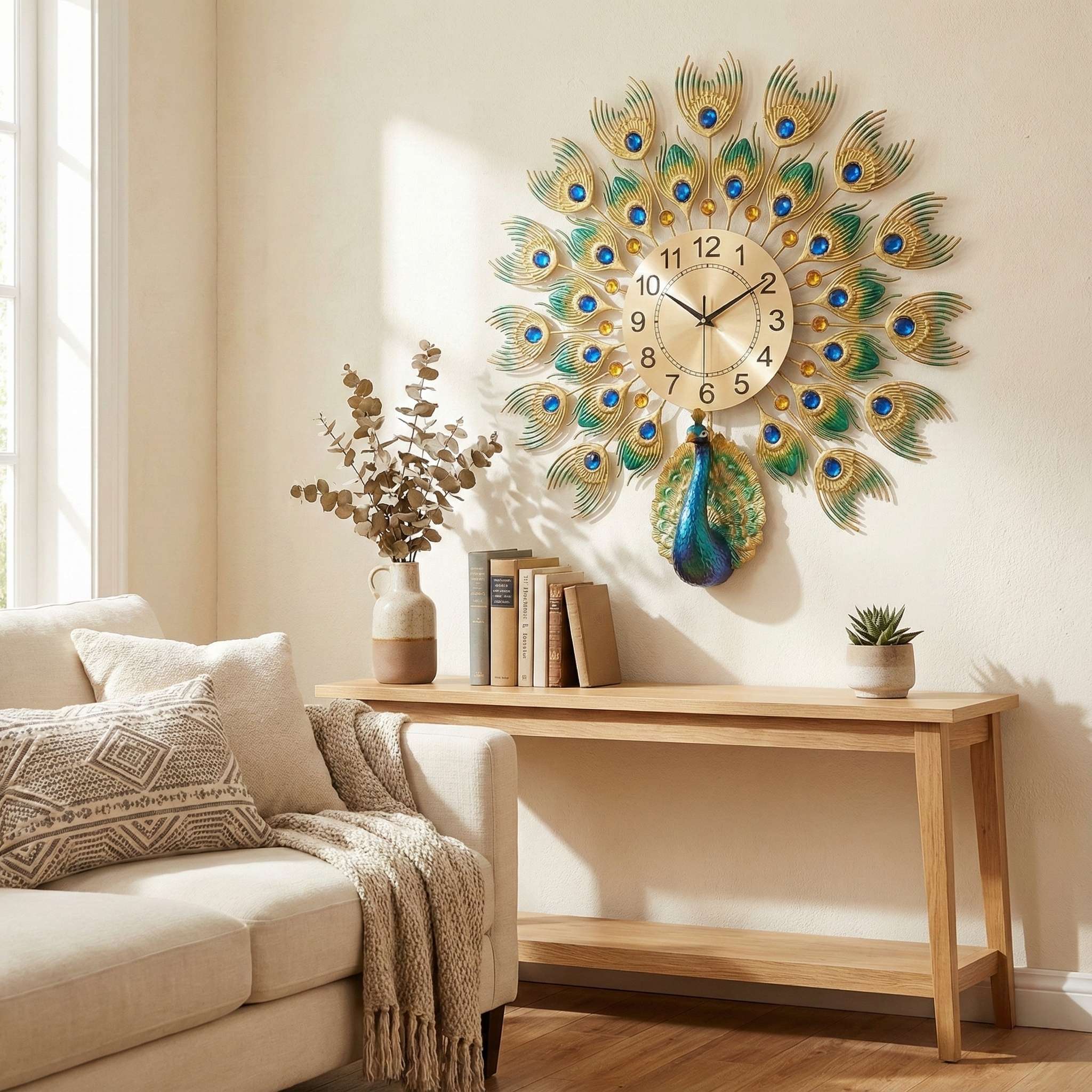 Luxurious Large Peacock Wall Clock - Gold & Blue Jeweled Metal Art Decor (55cm)