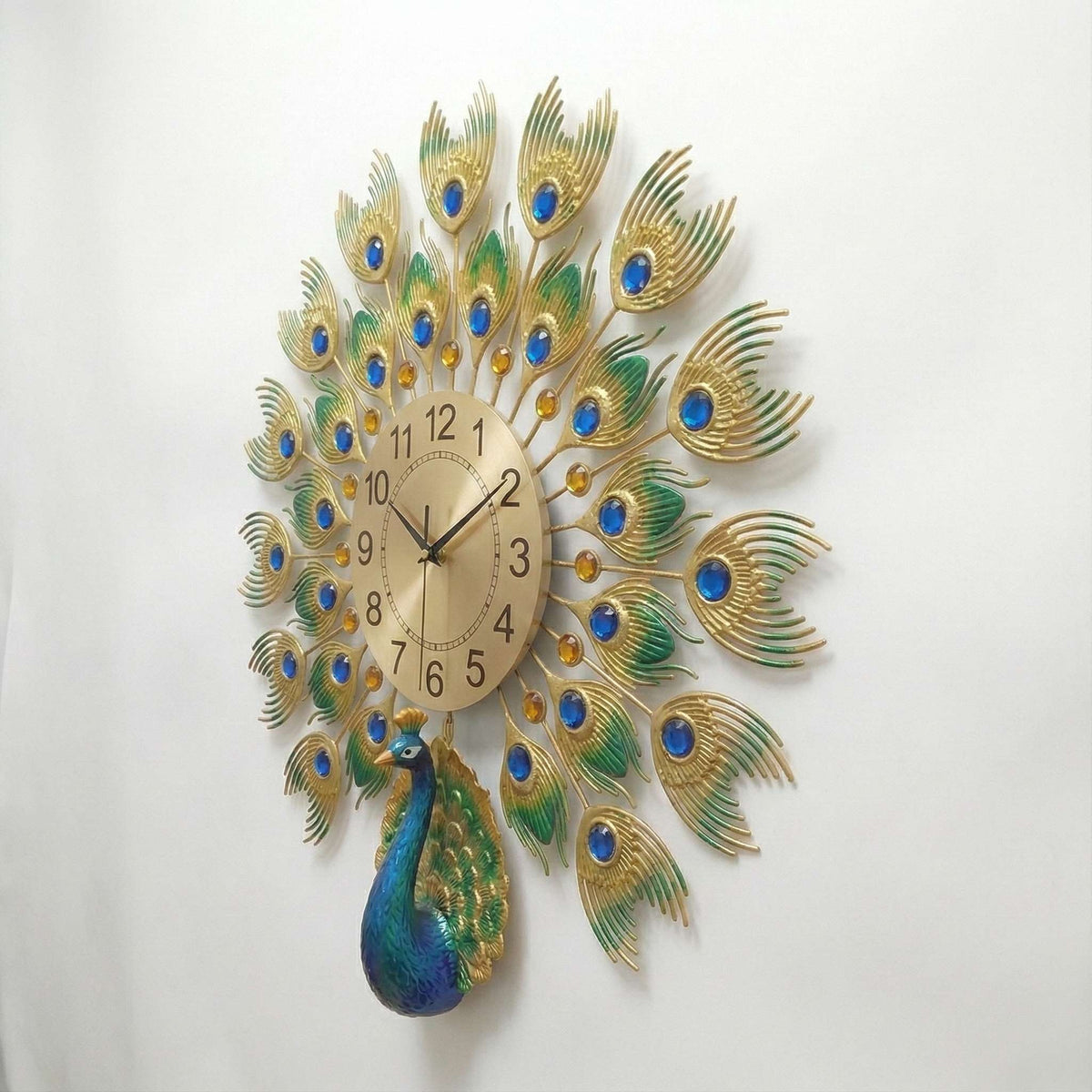 Luxurious Large Peacock Wall Clock - Gold & Blue Jeweled Metal Art Decor (55cm)