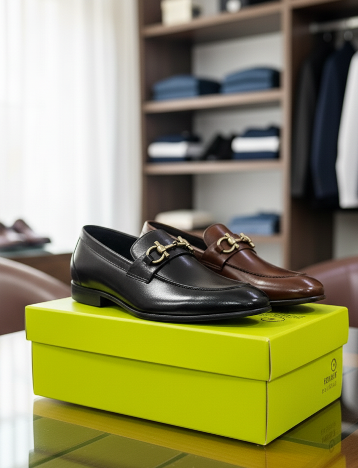 Pair of FunkyTradition black and brown designer loafers together on a display box UK size 6 to 10