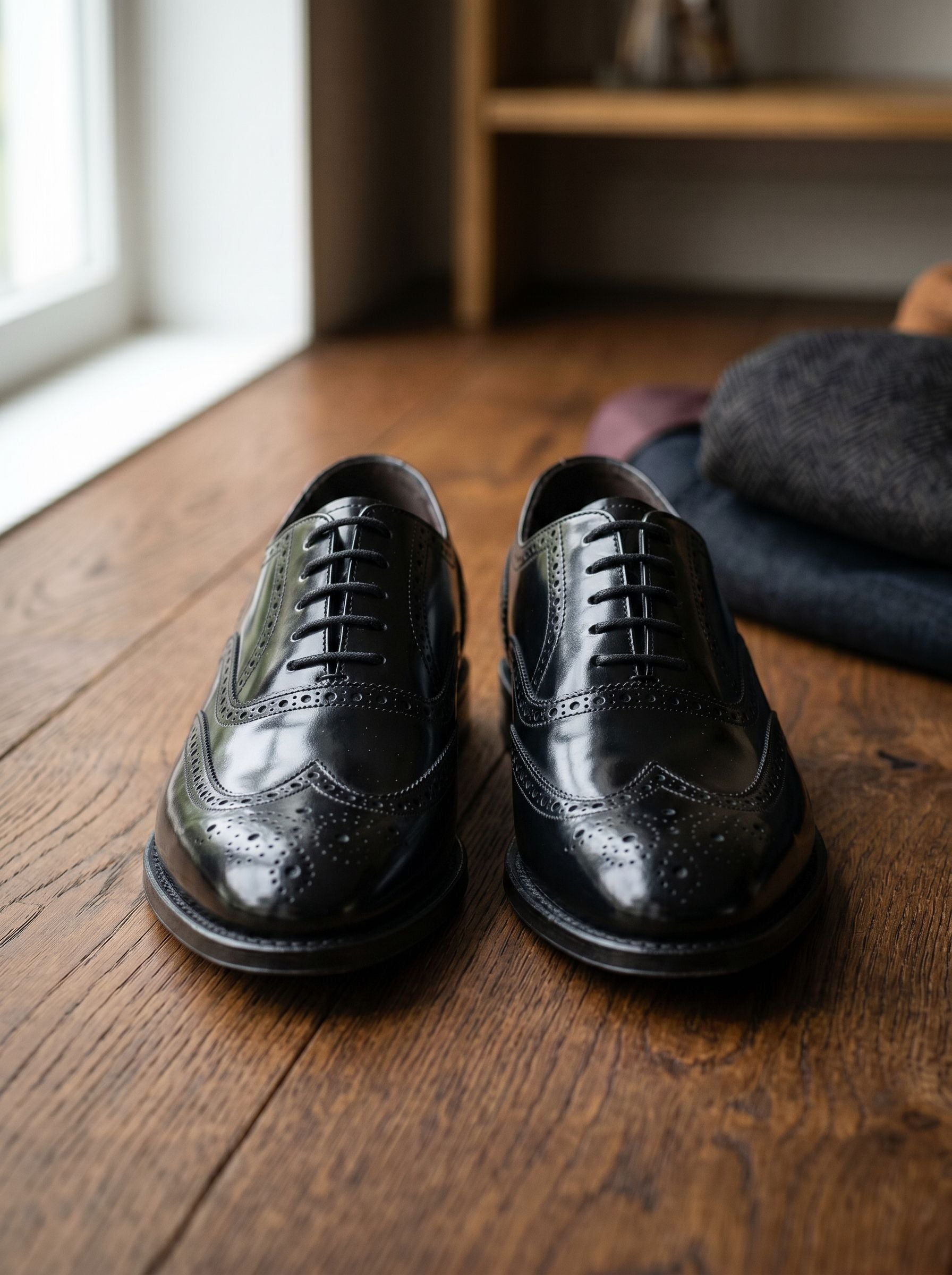 Pair of black leather dress shoes on a wooden floor with a blurred background
