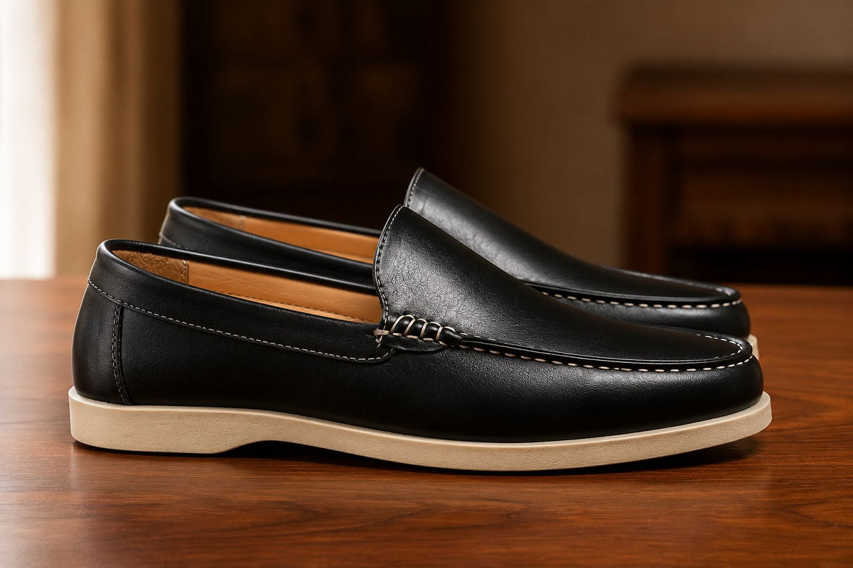 Pair of black leather loafers on a wooden surface with a blurred background