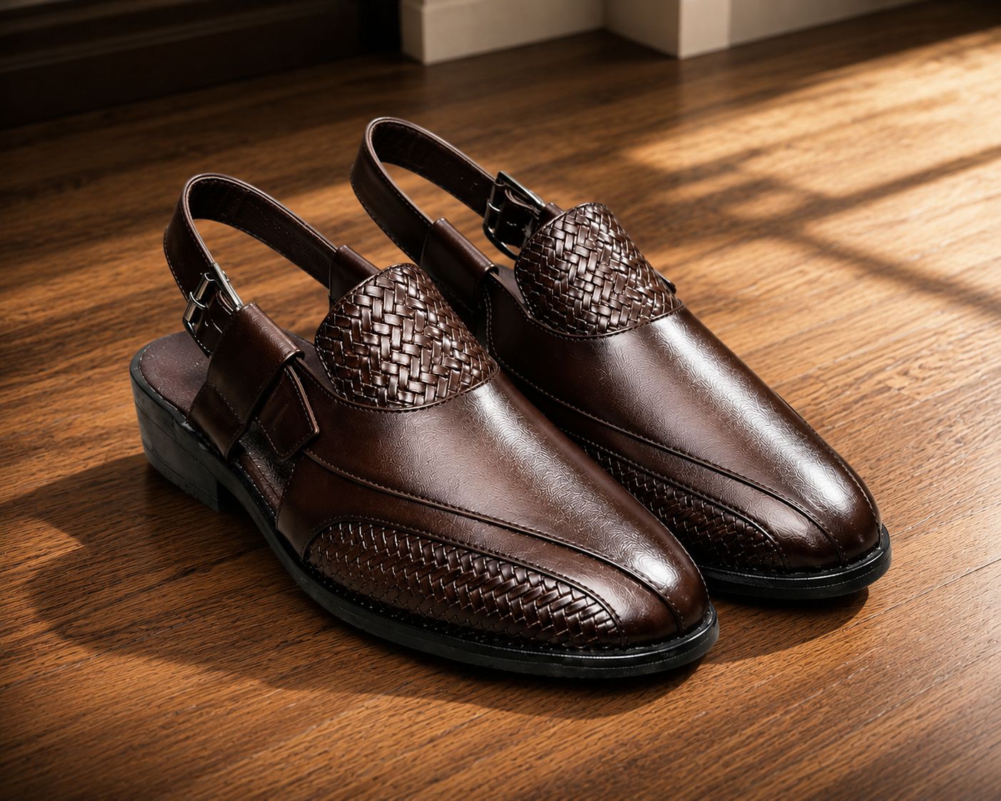 Pair of brown leather shoes with woven detailing on a wooden floor