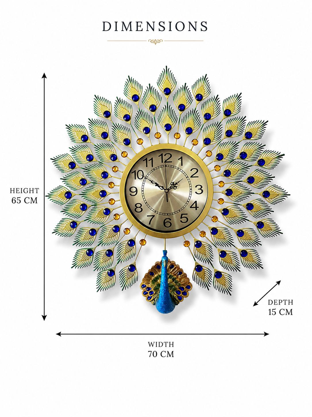 Peacock decorative wall clock dimensions showing 70 cm width, 65 cm height and 15 cm depth