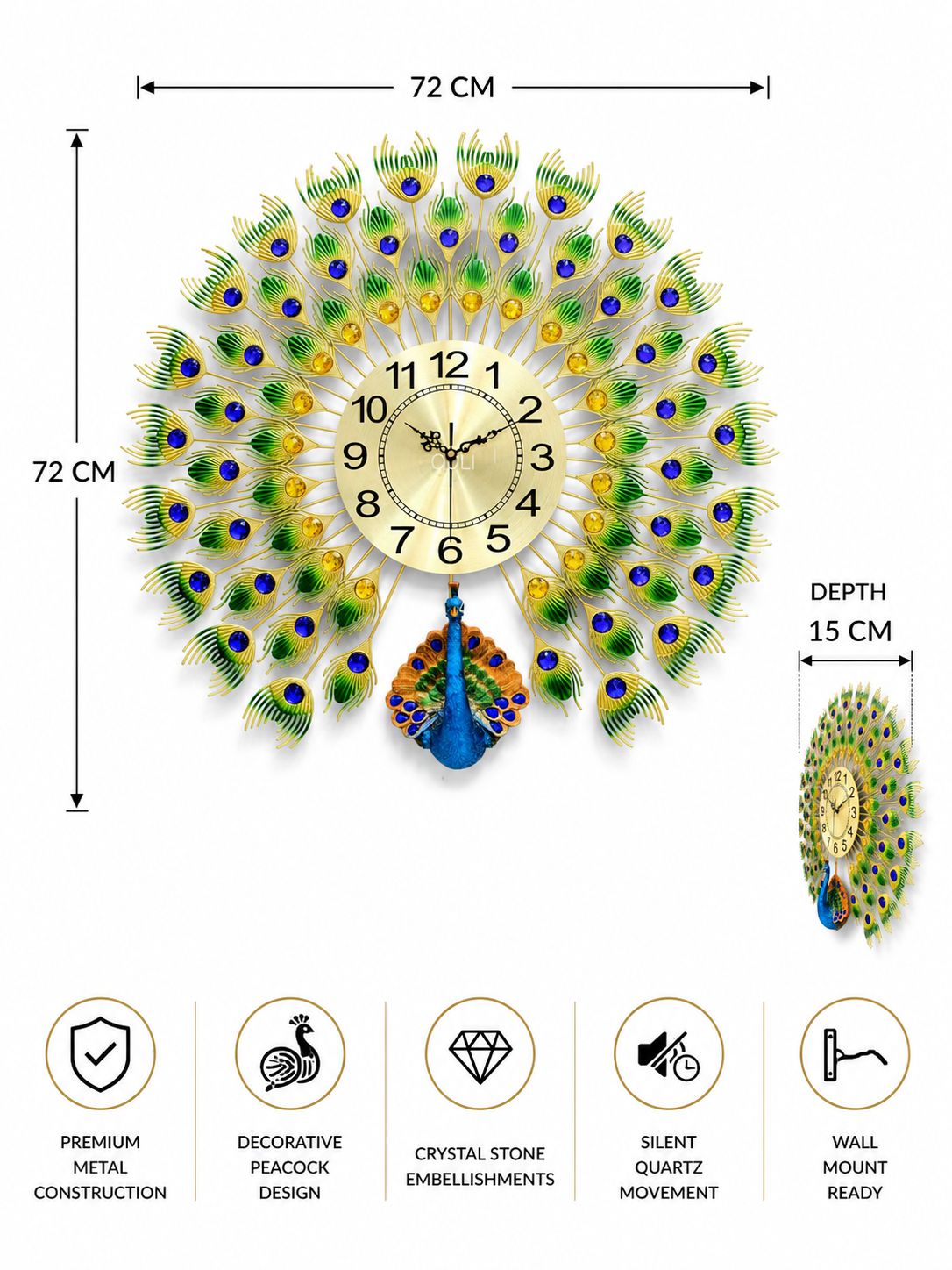 Peacock metal wall clock dimensions 72 cm x 72 cm with 15 cm depth