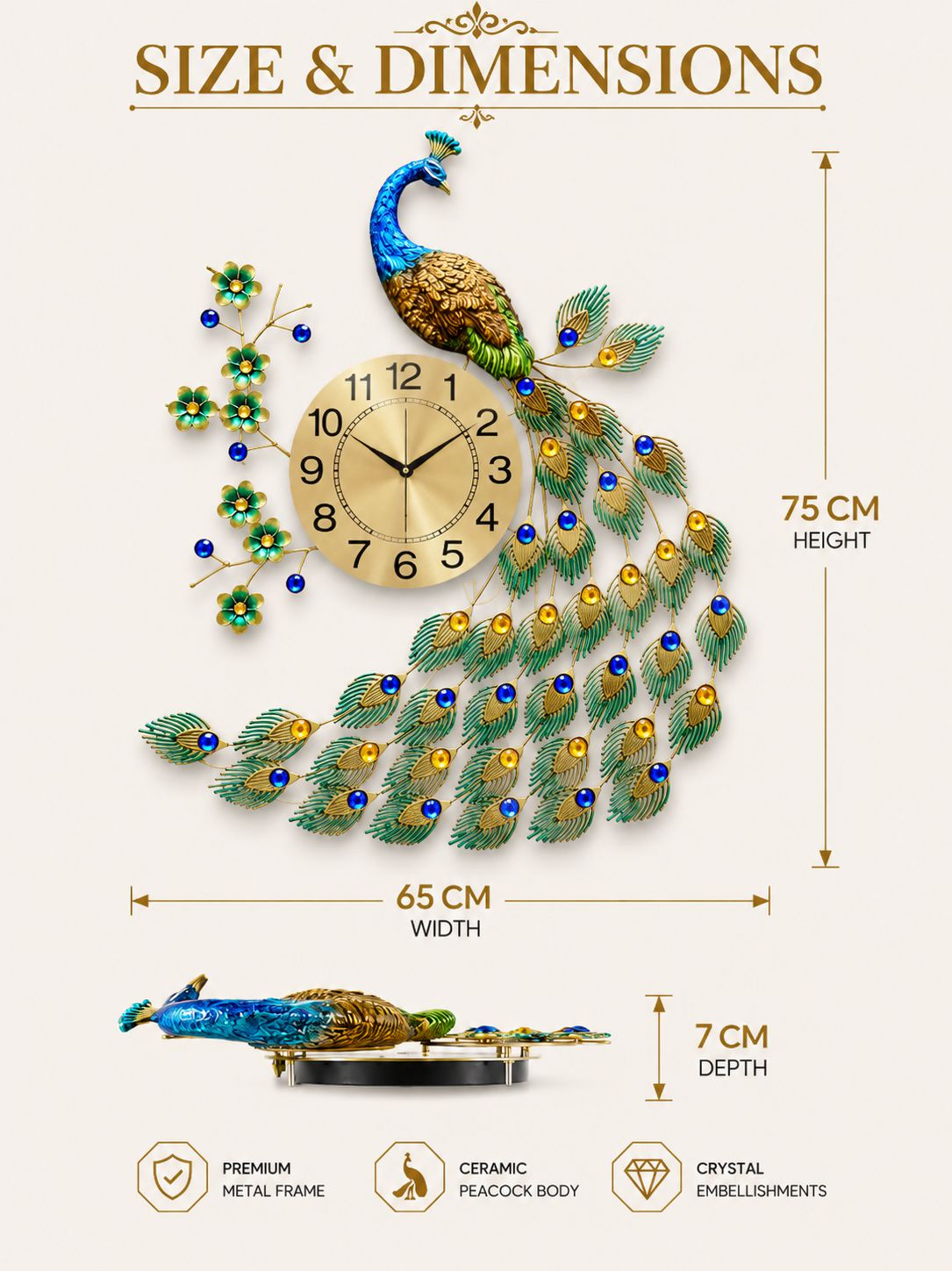 Peacock wall clock dimensions and material details infographic showing size specifications