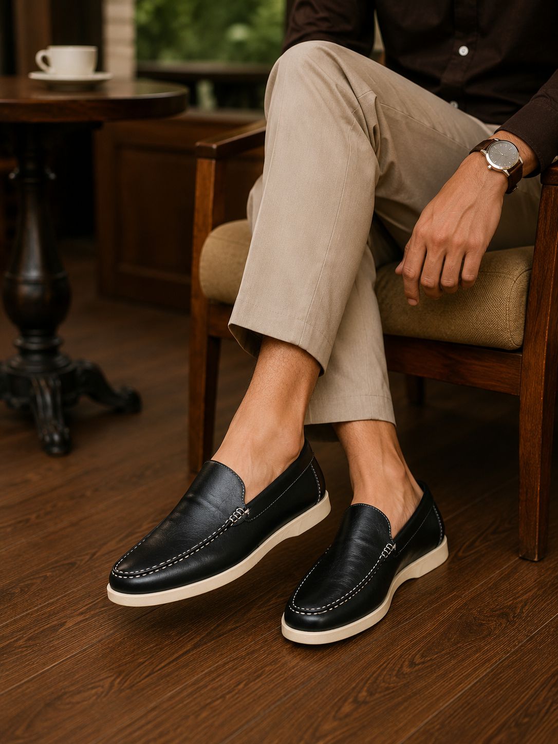 Person wearing black loafers with white soles in a casual setting.