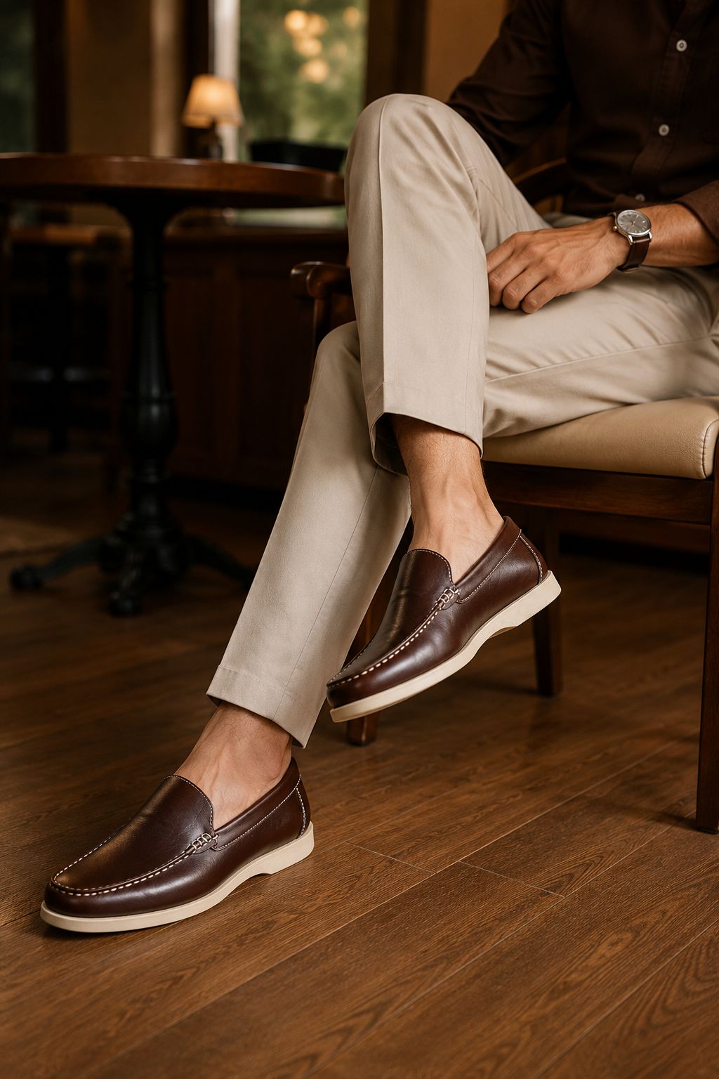 Person wearing brown loafers sitting on a wooden chair in a warm-toned room.