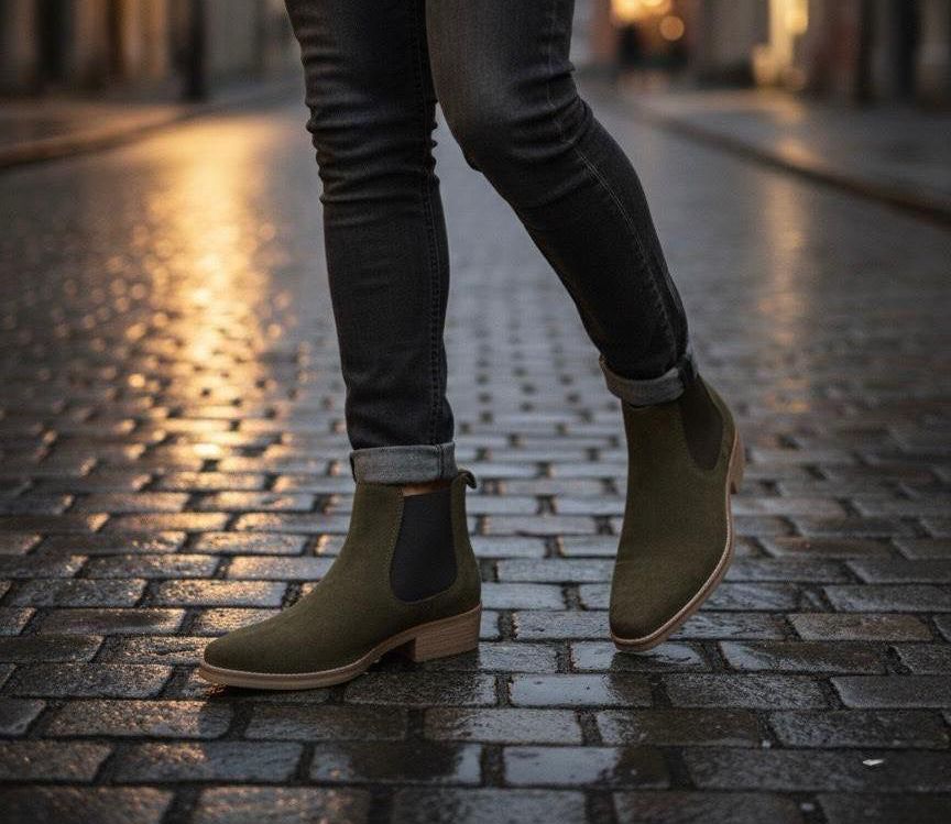 Person wearing olive green Chelsea boots on a cobblestone street.
