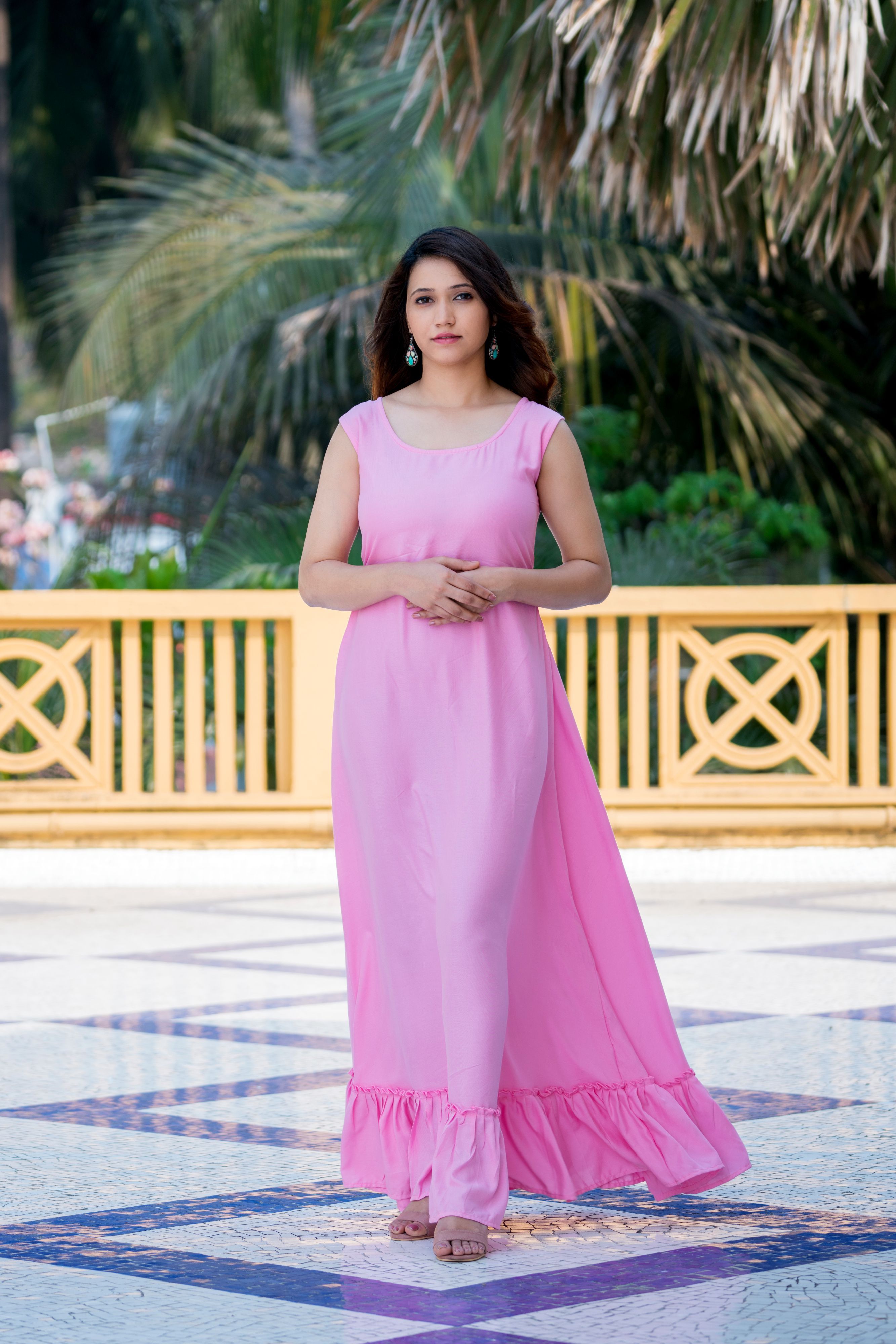 Pink Floral Party Wear Maxi Dress With Shrugs- Adiba Fashion