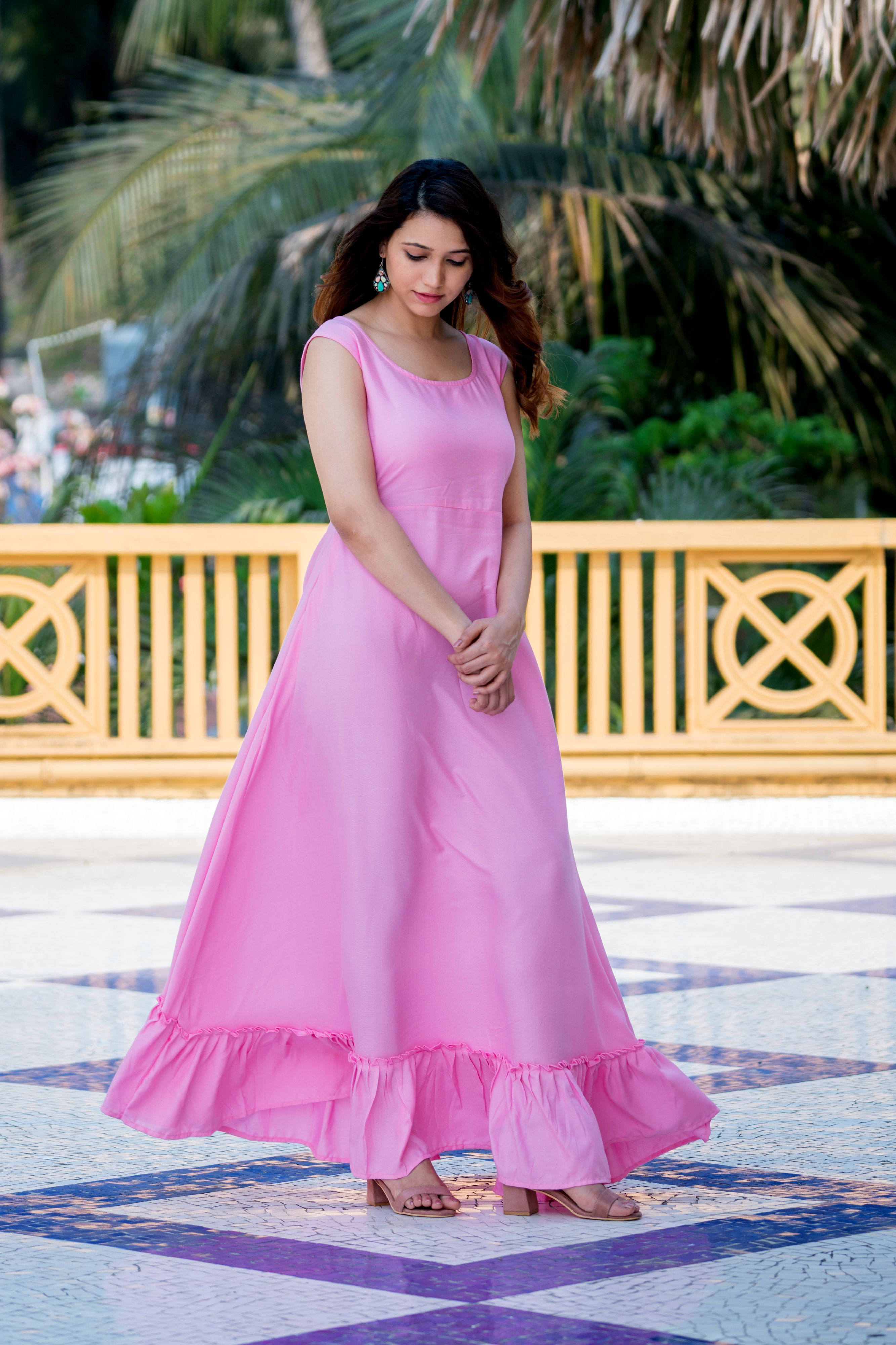 Pink Floral Party Wear Maxi Dress With Shrugs- Adiba Fashion