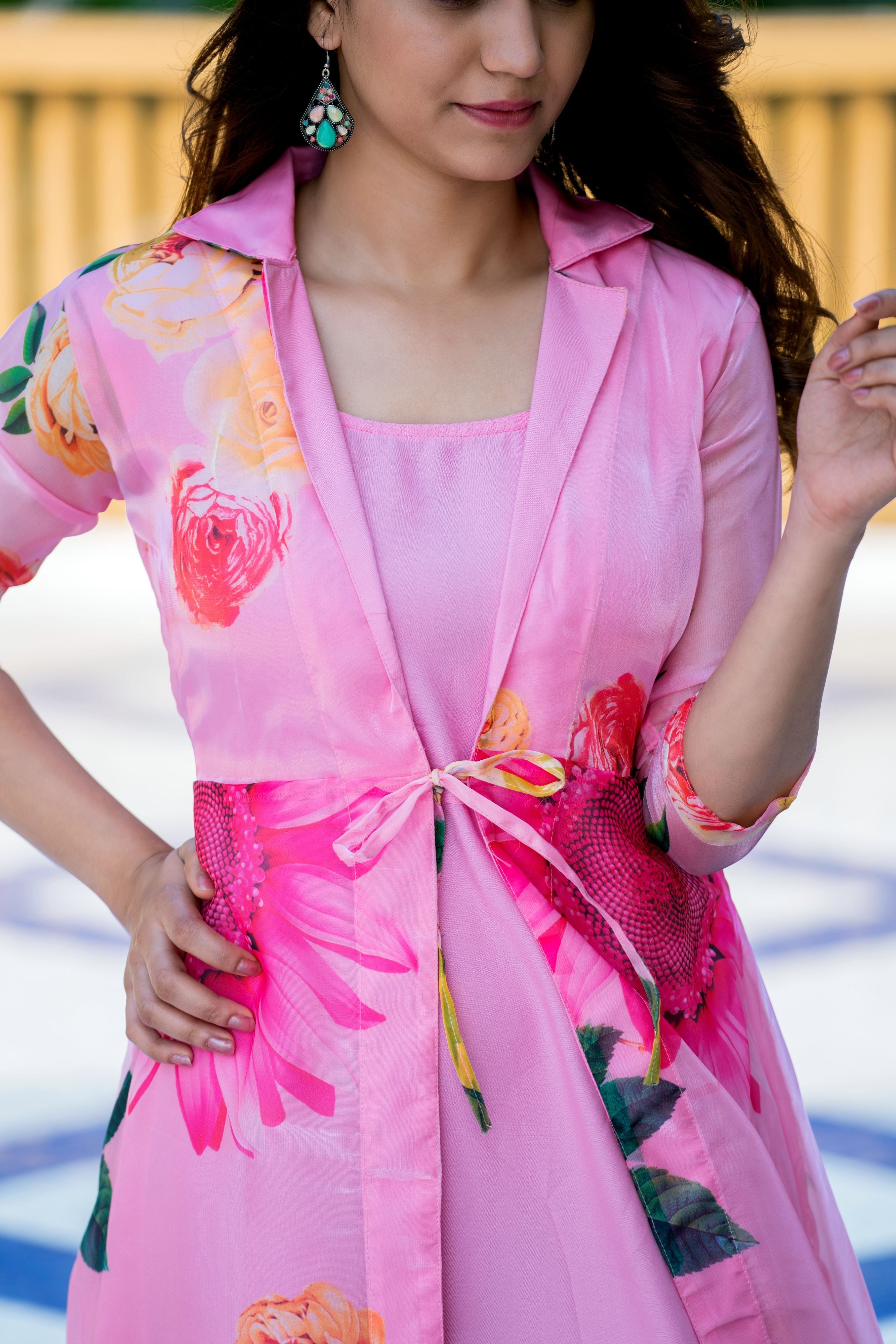 Pink Floral Party Wear Maxi Dress With Shrugs- Adiba Fashion