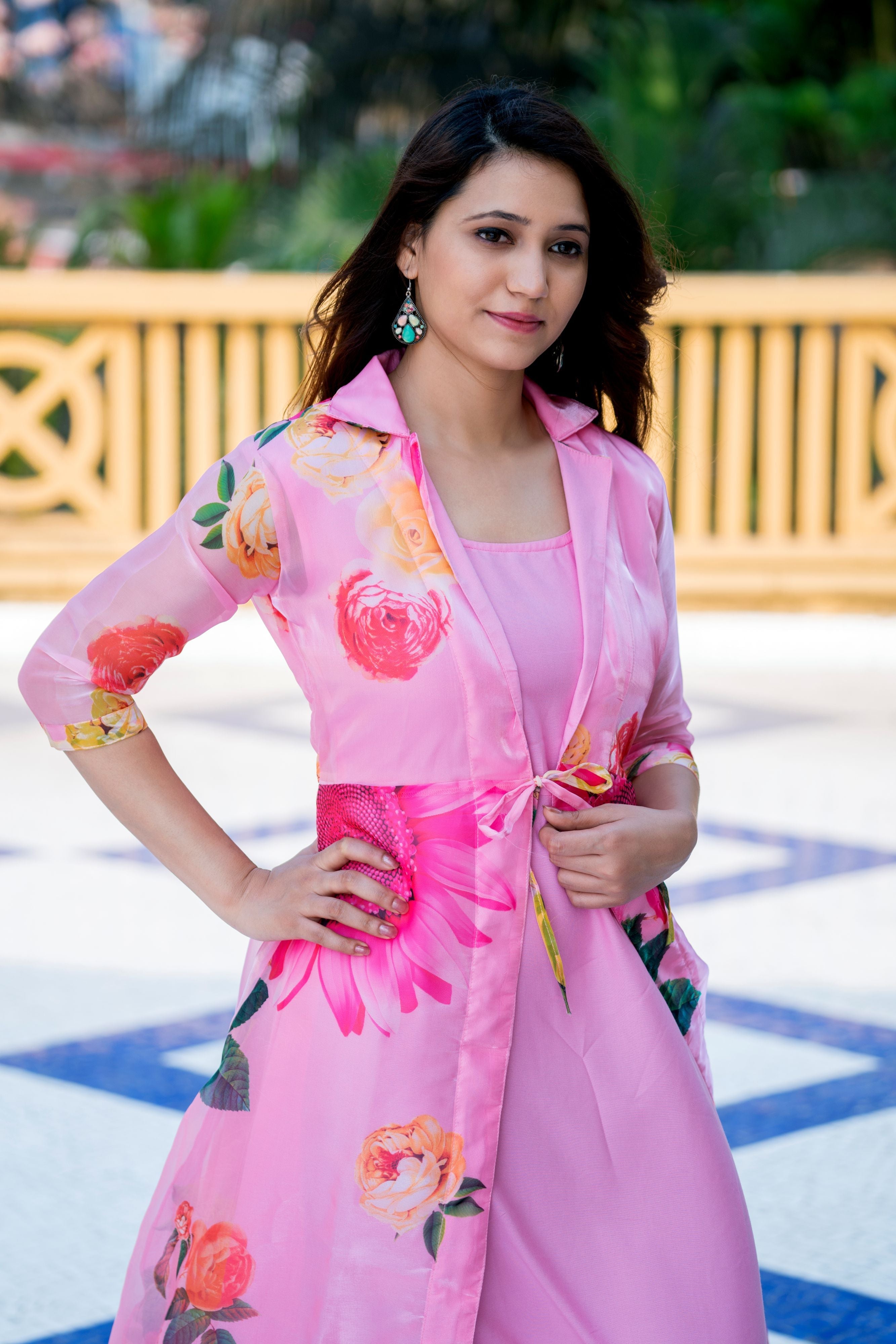 Pink Floral Party Wear Maxi Dress With Shrugs- Adiba Fashion