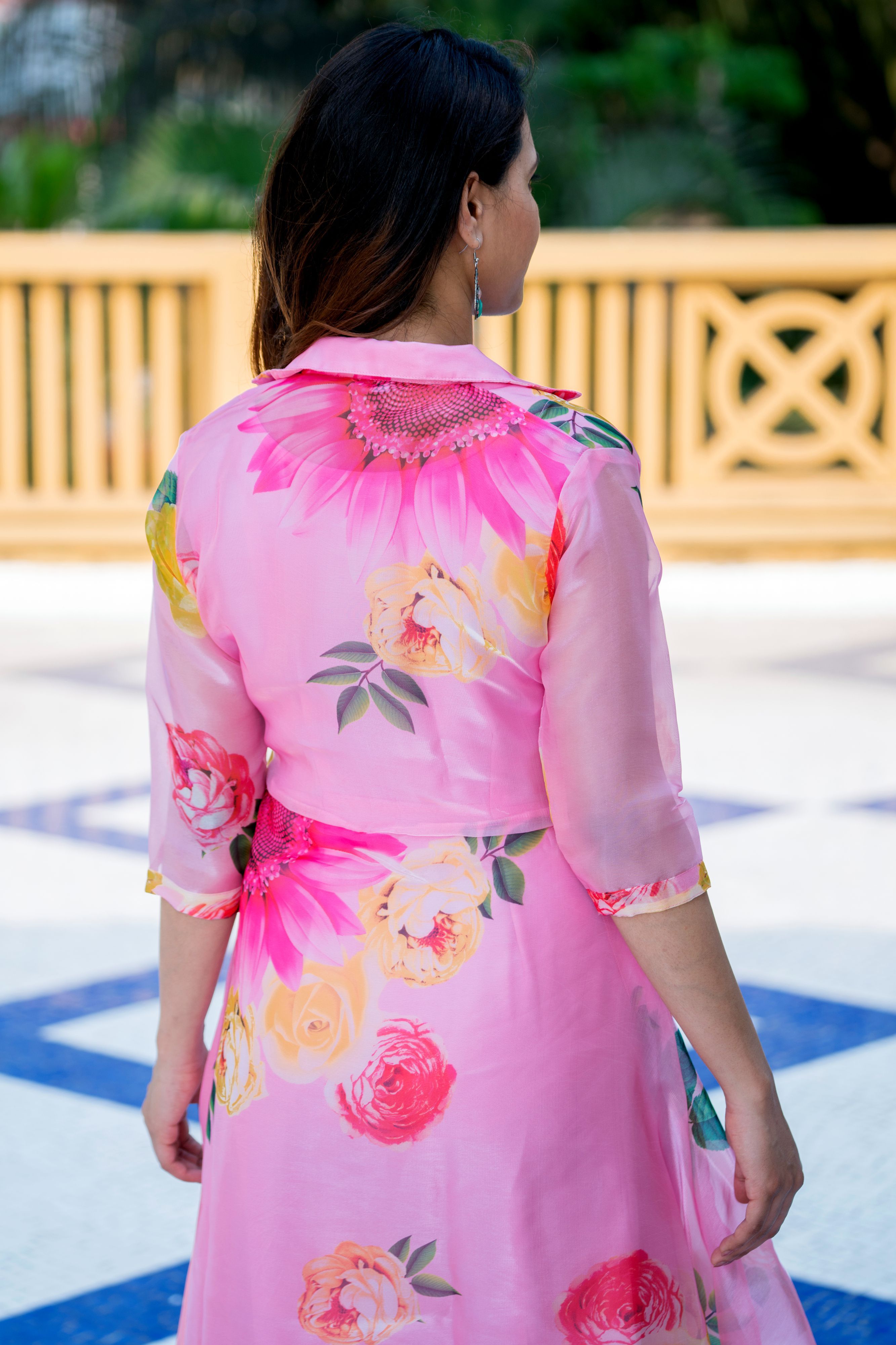 Pink Floral Party Wear Maxi Dress With Shrugs- Adiba Fashion