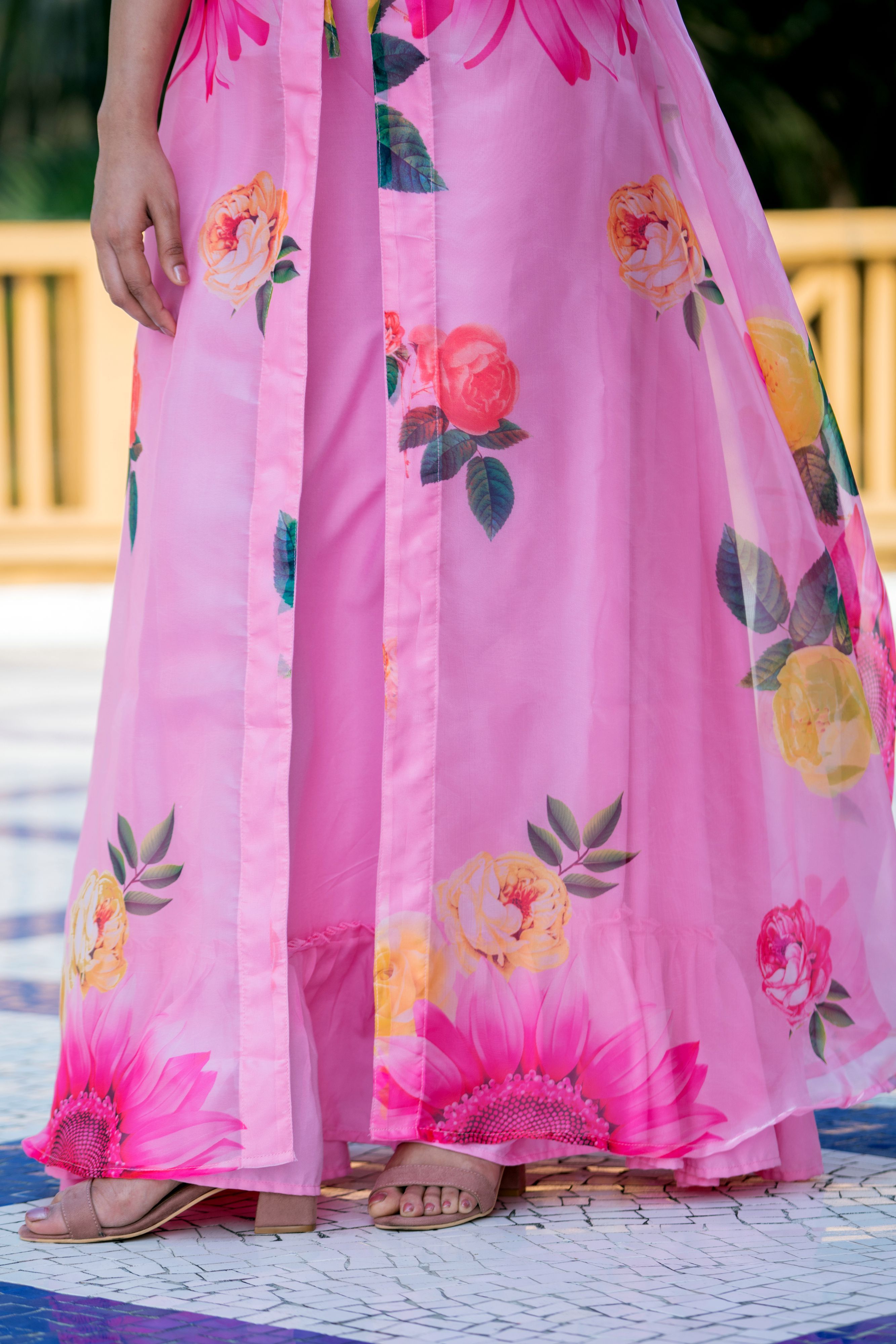 Pink Floral Party Wear Maxi Dress With Shrugs- Adiba Fashion
