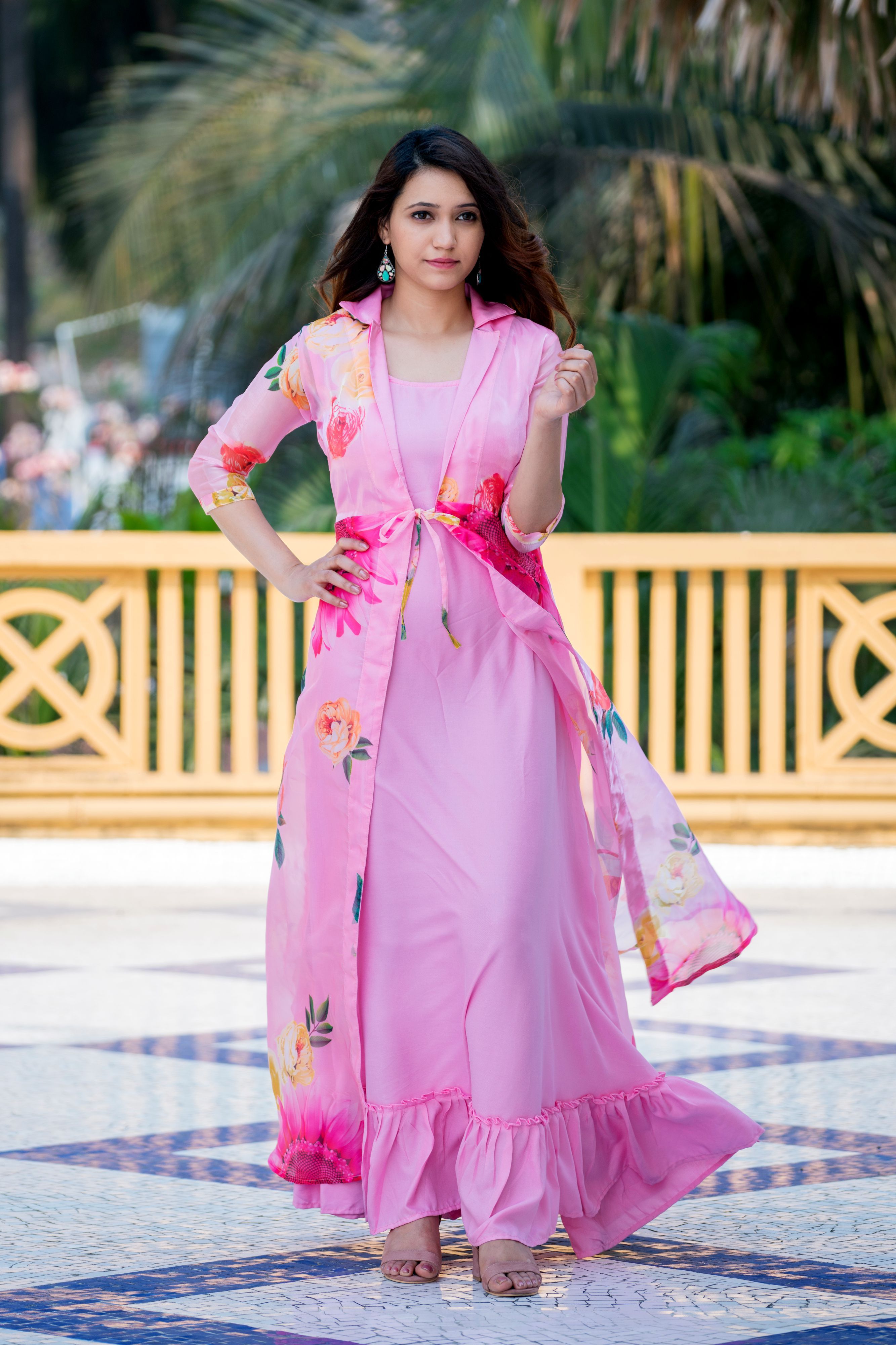 Pink Floral Party Wear Maxi Dress With Shrugs- Adiba Fashion