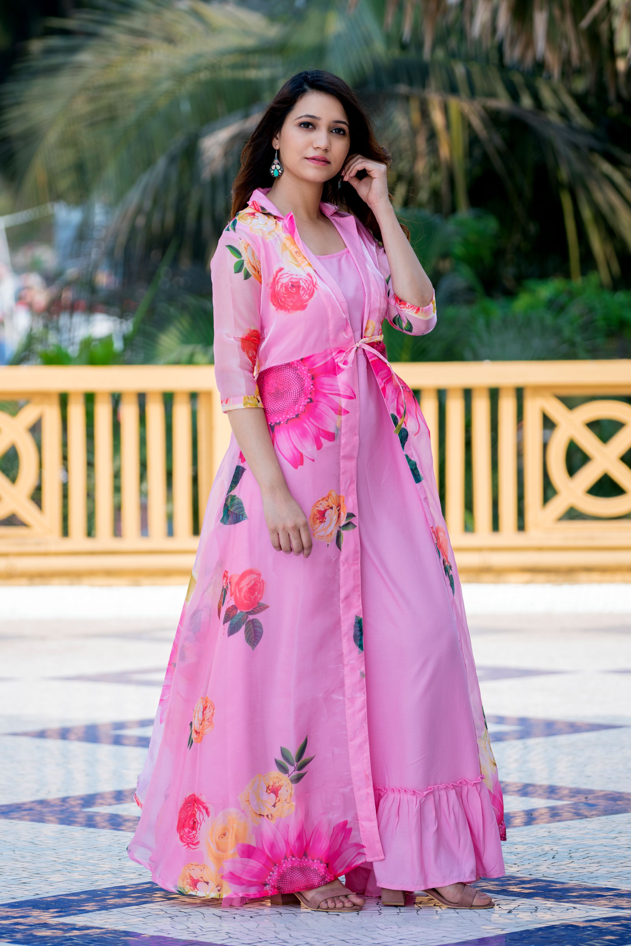 Sexy Pink Floral Party Wear Maxi Dress With Shrugs- Adiba Fashion
