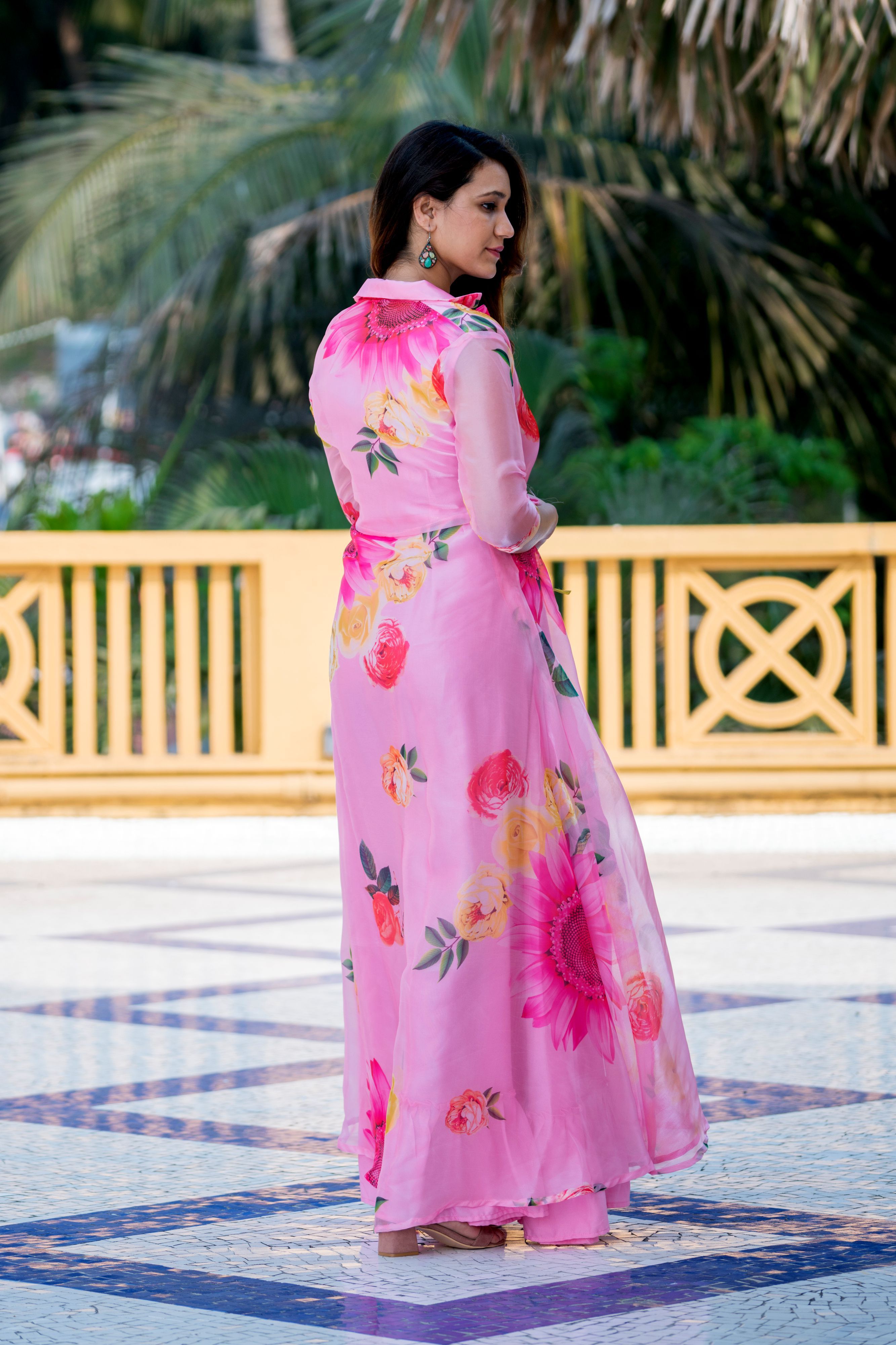 Pink Floral Party Wear Maxi Dress With Shrugs- Adiba Fashion