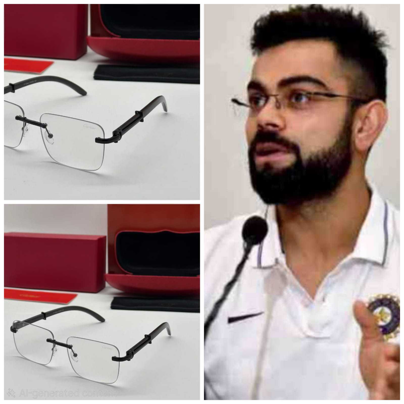 Portrait of Virat Kohli wearing rimless eyeglasses.