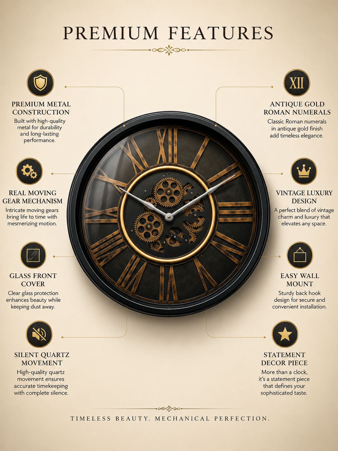 Premium Metal Moving Gear Wall Clock Features and Benefits