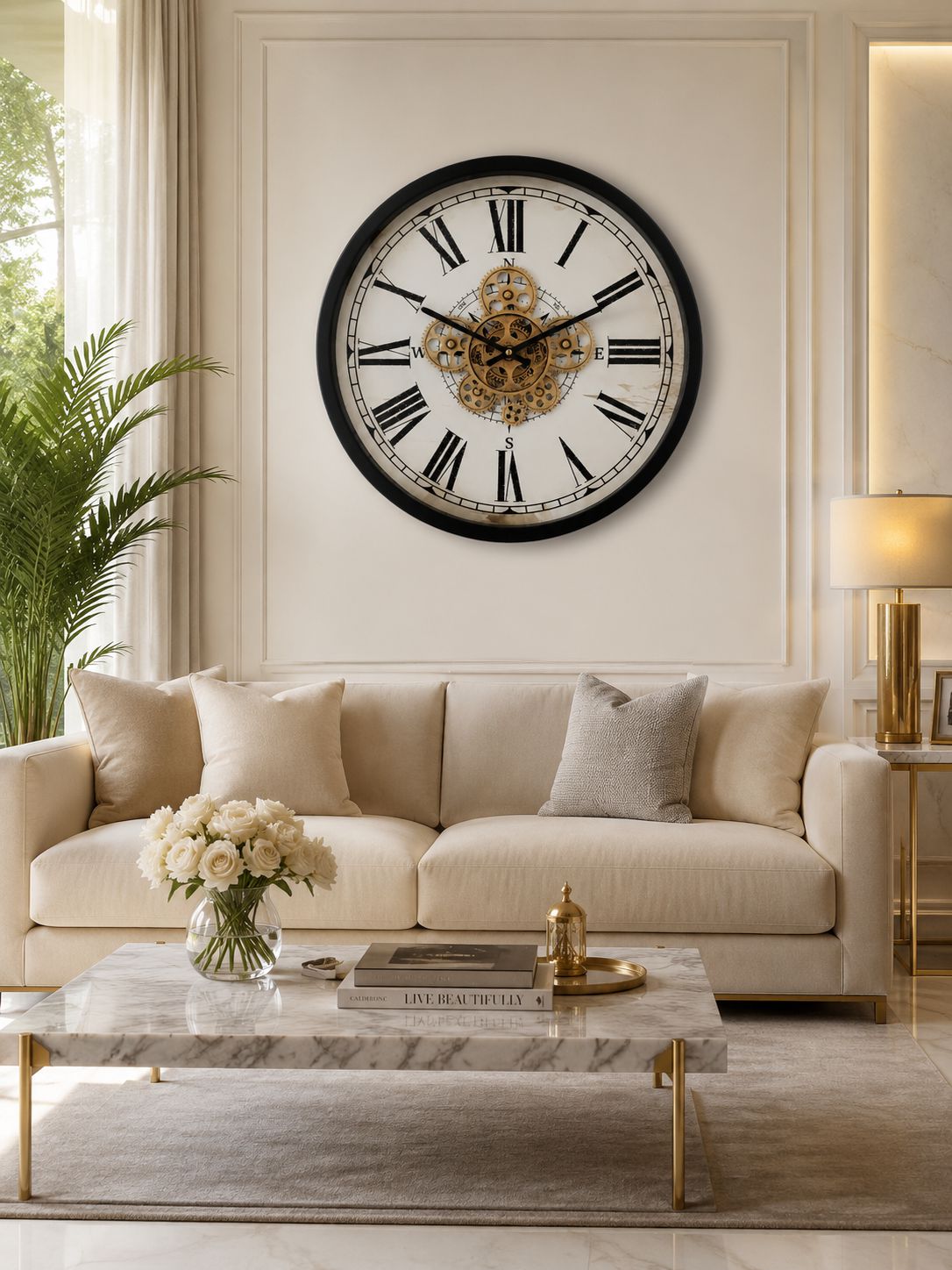 Premium Metal Moving Gear Wall Clock in Luxury Living Room
