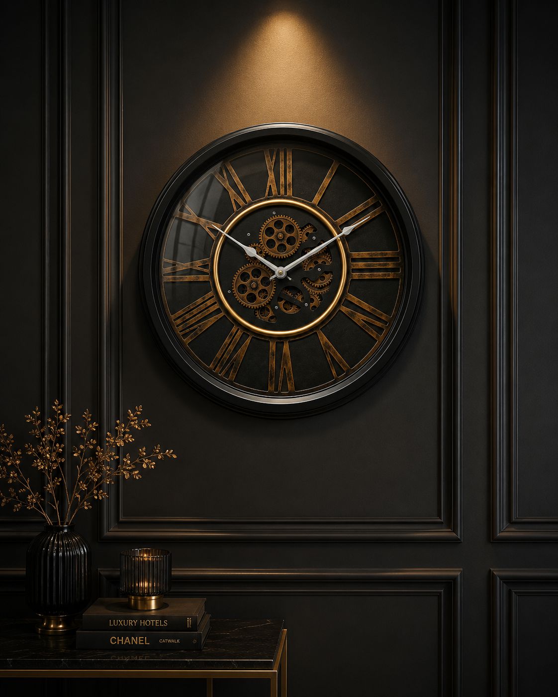 Premium Moving Gear Wall Clock on Elegant Black Wall Paneling