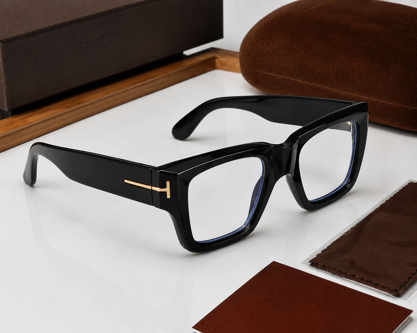 Black acetate square eyeglasses with a gold T-shaped metal accent on the temple, displayed on a white surface with a brown case, lens cleaner, and box in the background.