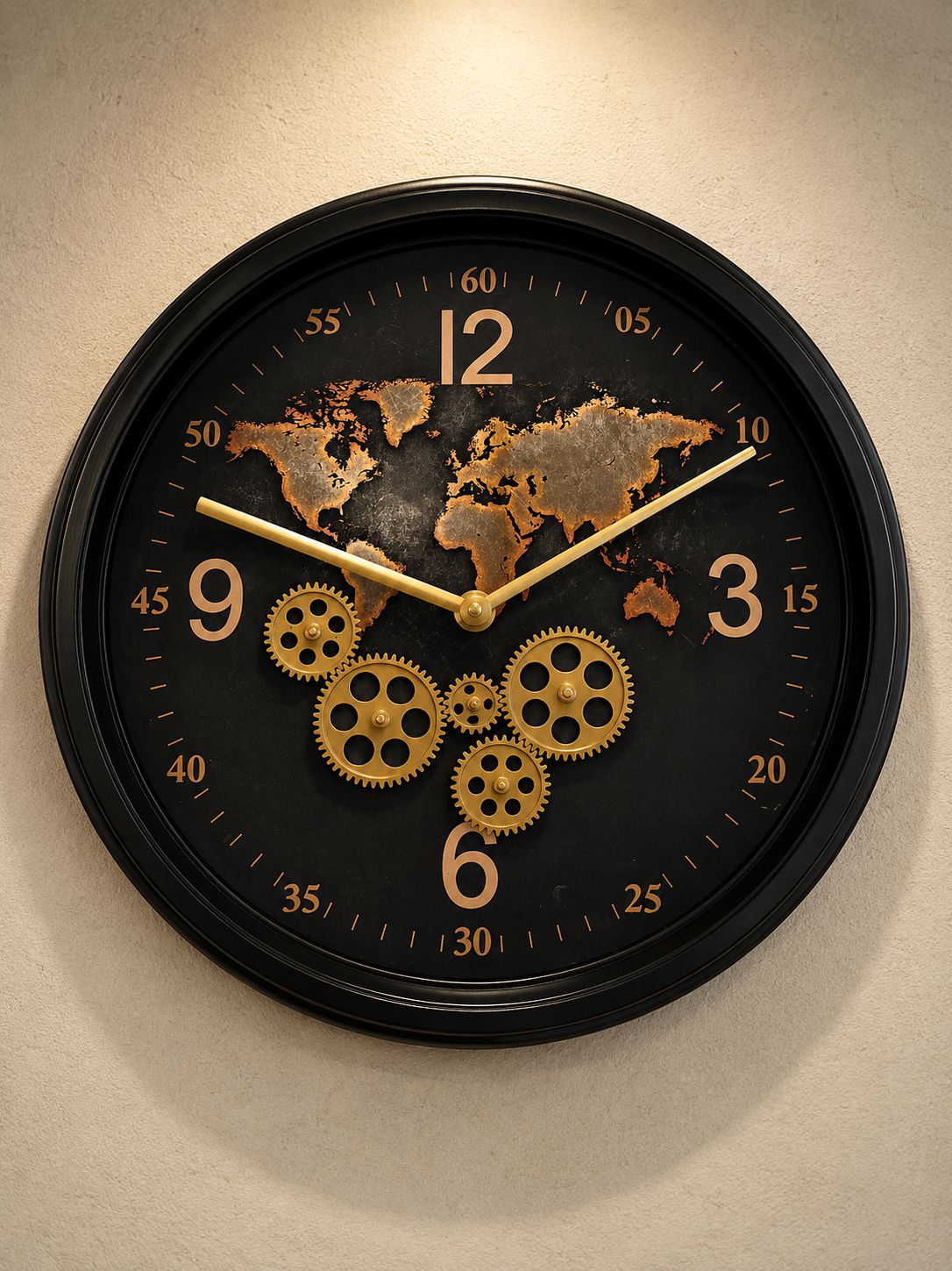 Premium black metal wall clock featuring decorative gears and world map artwork