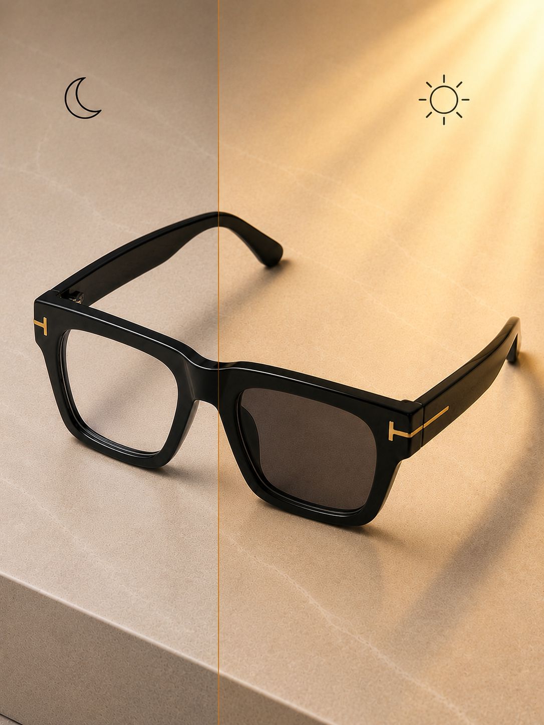 Premium black photochromic eyeglasses with oversized square frame and gold detailing